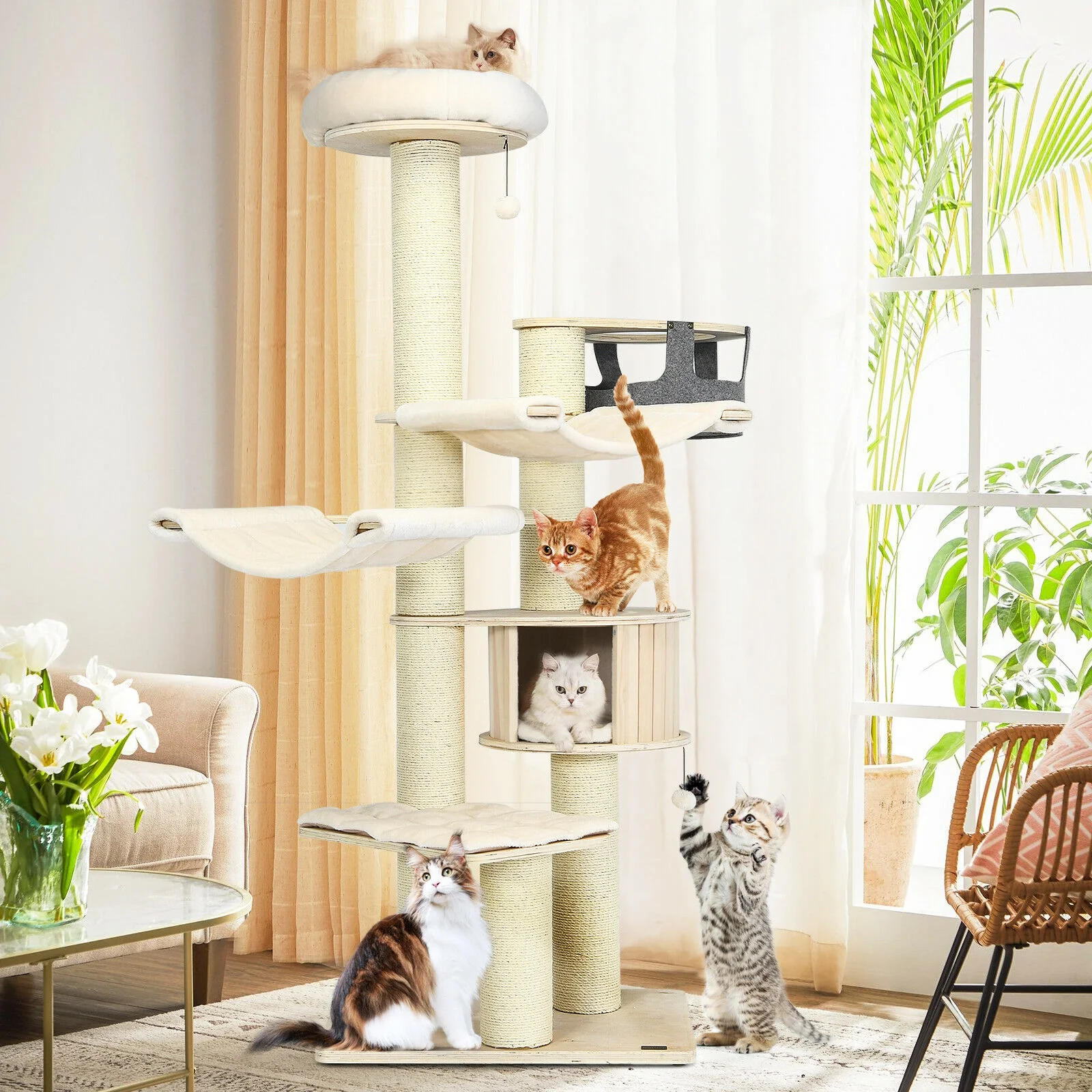 77.5-Inch Cat Tree Condo, Multi-Level Kitten Activity Tower, Sisal Posts, Beige - Image 2