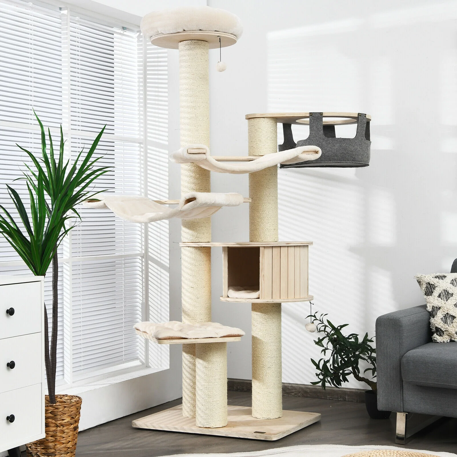 77.5-Inch Cat Tree Condo, Multi-Level Kitten Activity Tower, Sisal Posts, Beige - Image 3