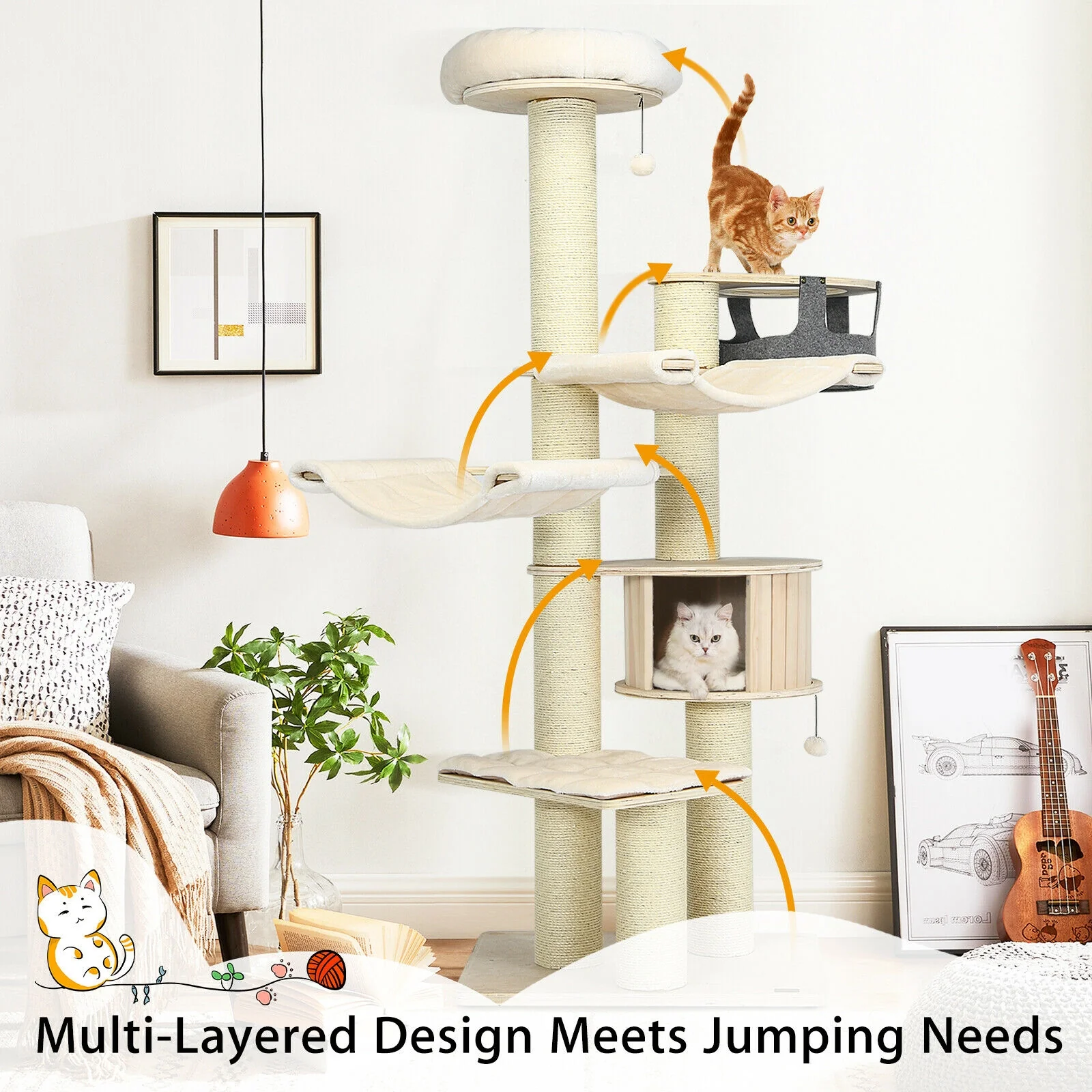 77.5-Inch Cat Tree Condo, Multi-Level Kitten Activity Tower, Sisal Posts, Beige - Image 7