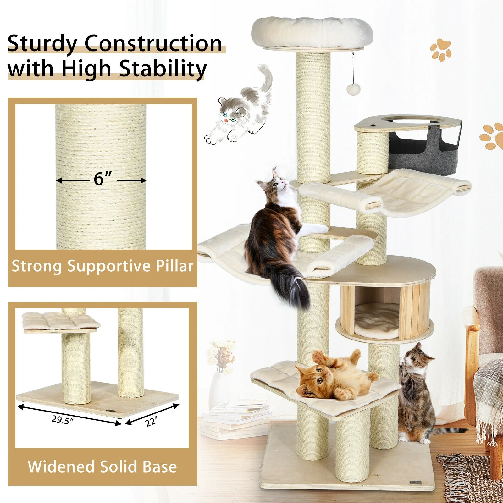 77.5-Inch Cat Tree Condo, Multi-Level Kitten Activity Tower, Sisal Posts, Beige - Image 9