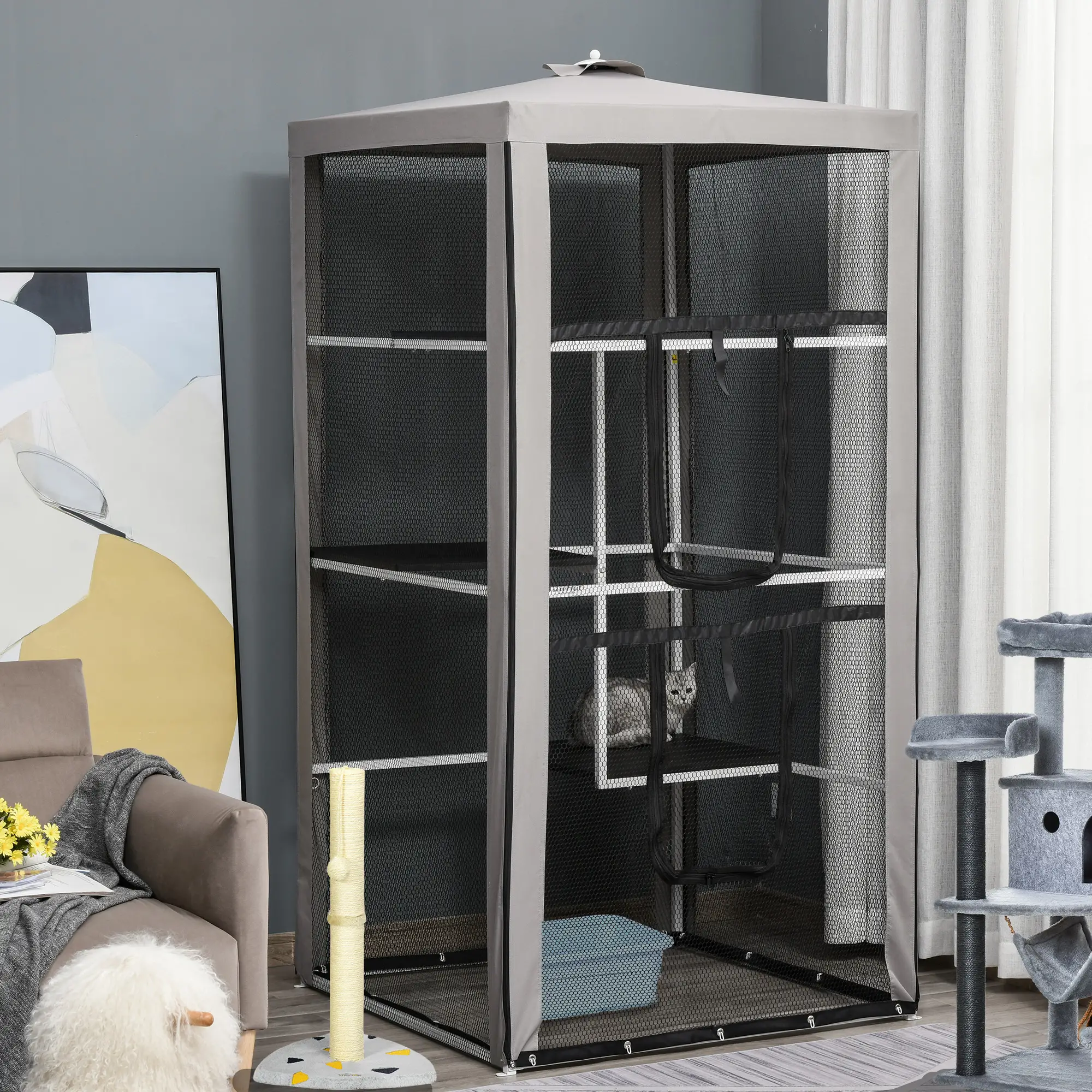 79" Cat Cage, Large Outdoor Kitten House, Indoor Pet Kennel, Grey - Image 2