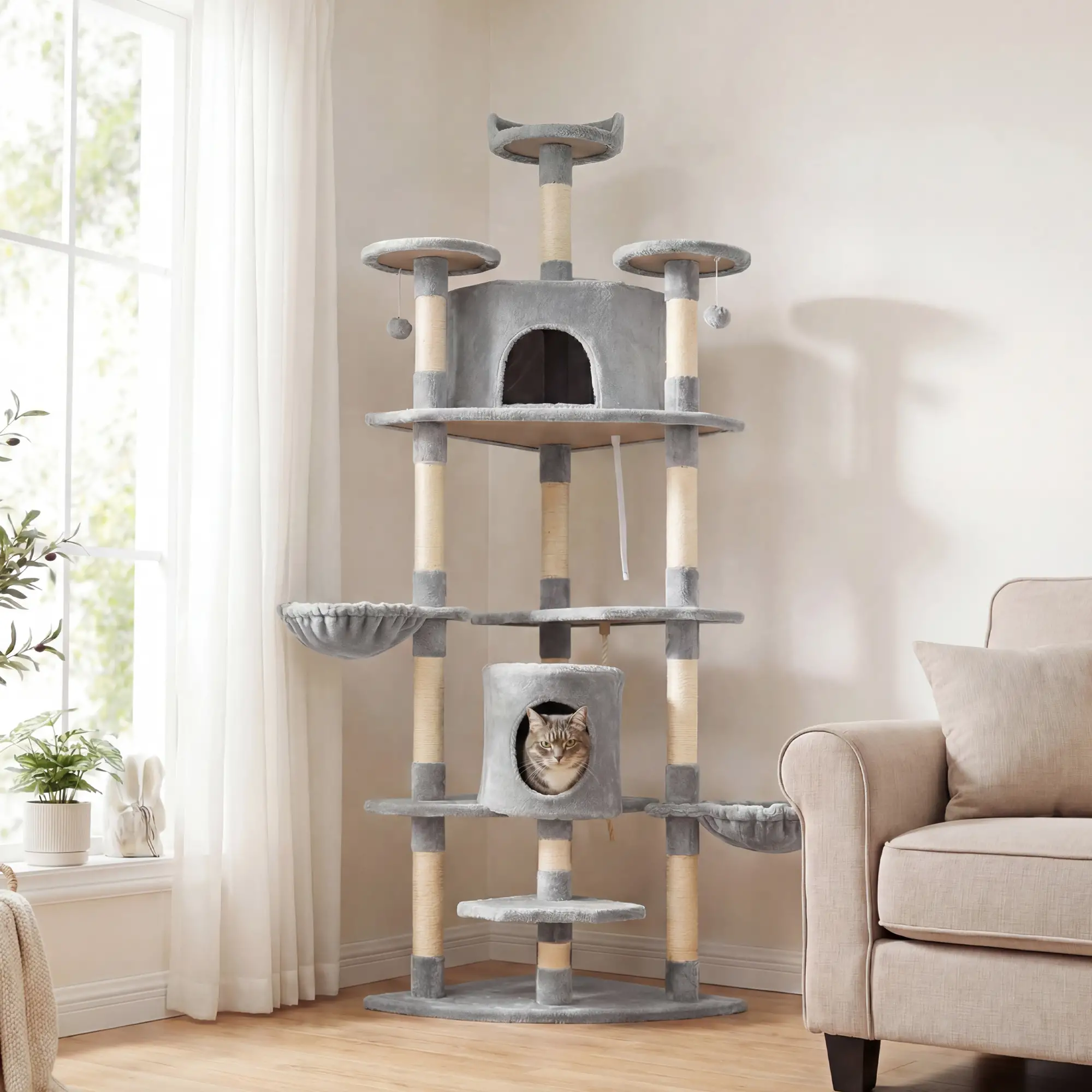 79 Cat Tree, Multi-Level with Two Condos, Scratching Posts, Hammocks, Dark Gray - Image 2