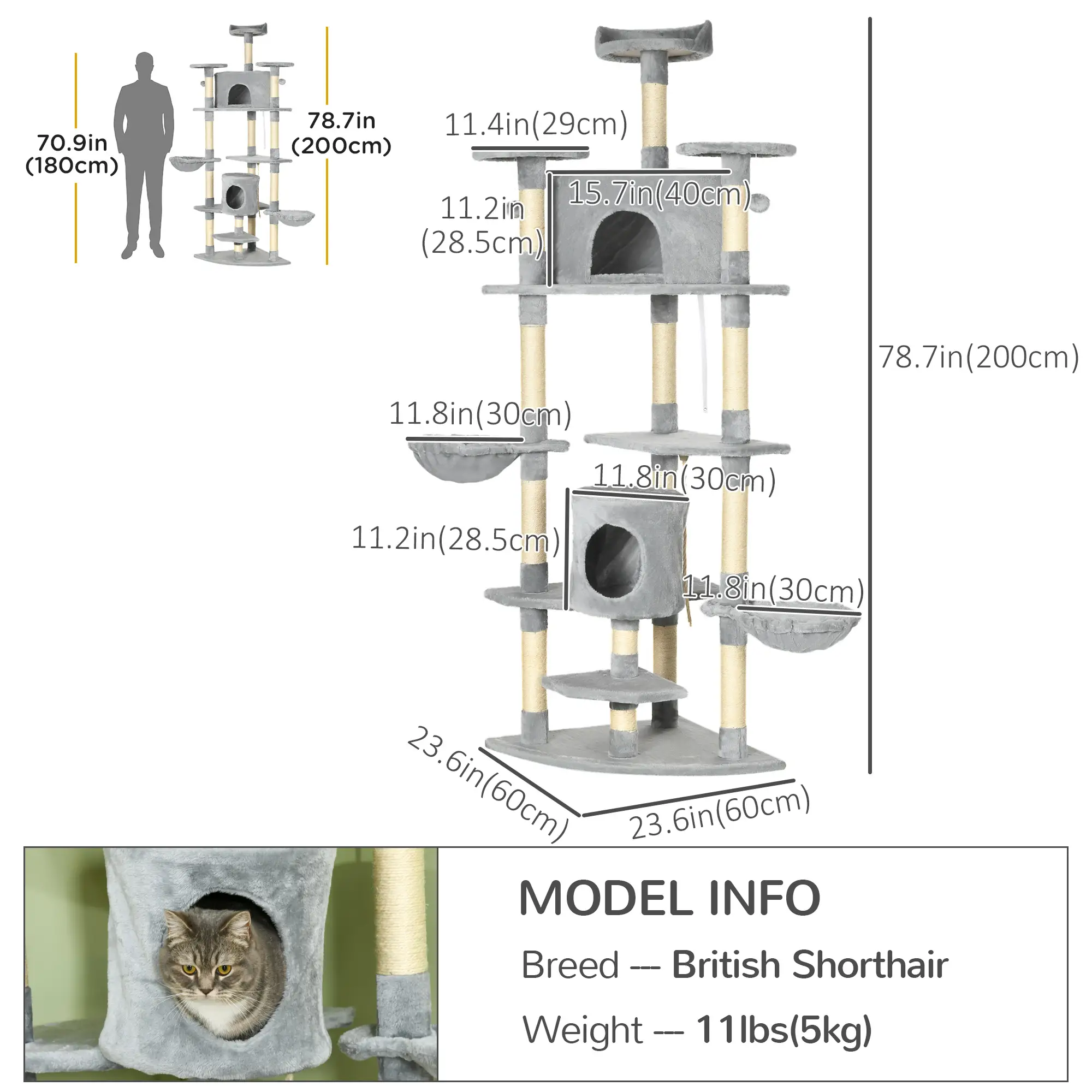 79 Cat Tree, Multi-Level with Two Condos, Scratching Posts, Hammocks, Dark Gray - Image 3