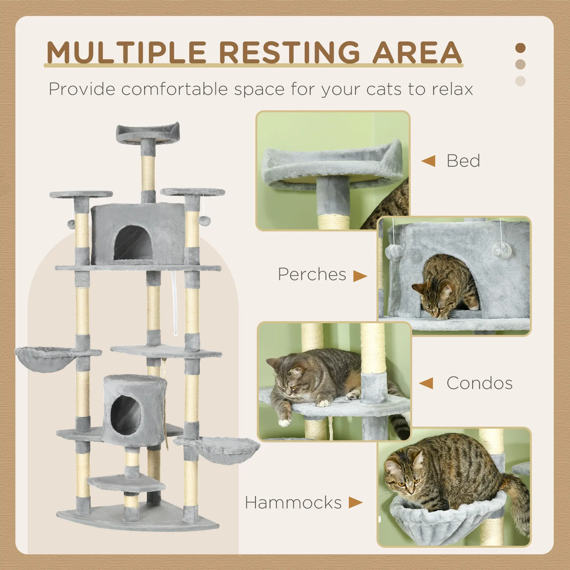 79 Cat Tree, Multi-Level with Two Condos, Scratching Posts, Hammocks, Dark Gray - Image 4