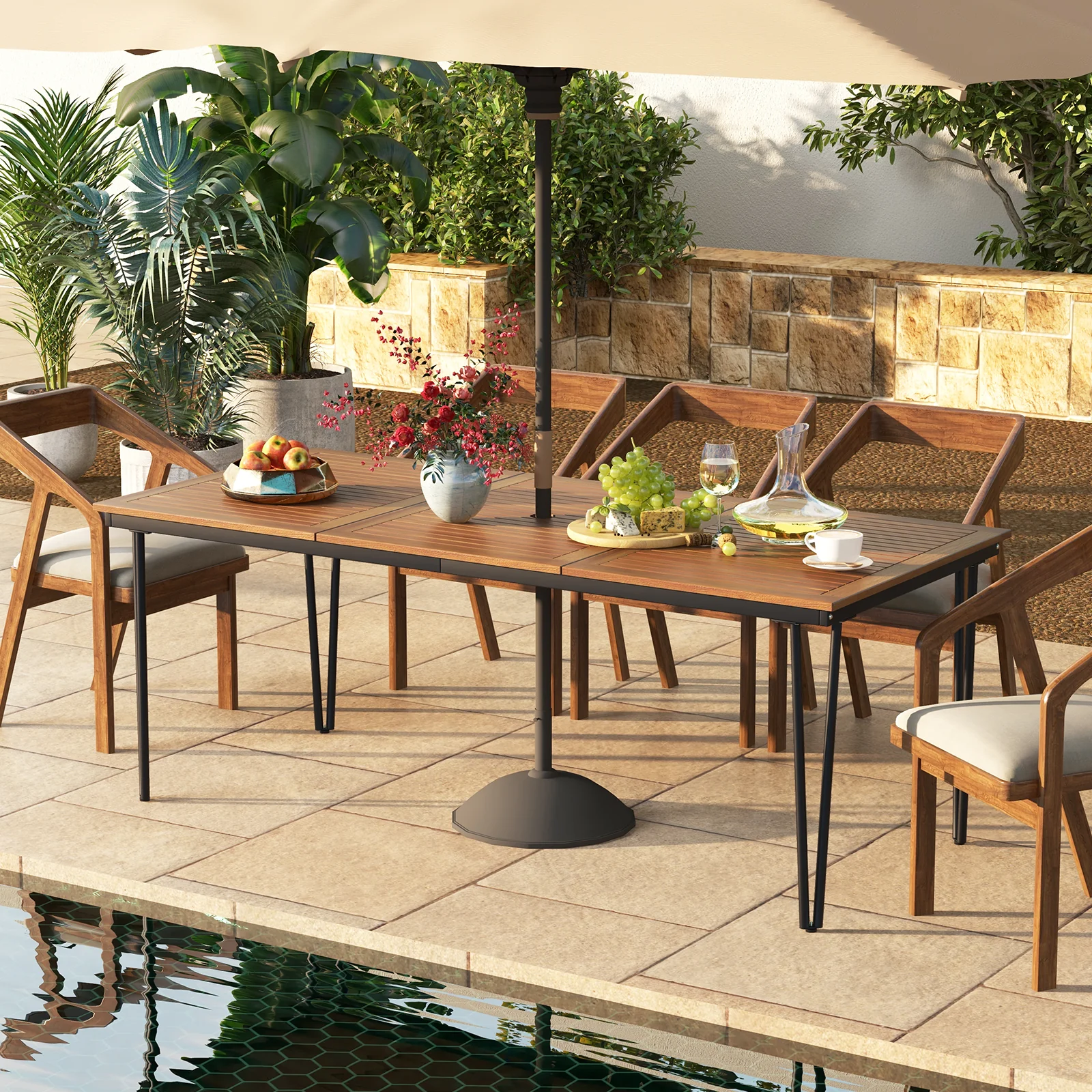 79 Inch 8-Person Outdoor Dining Table, 1.9 Inch Umbrella Hole, Natural - Image 7