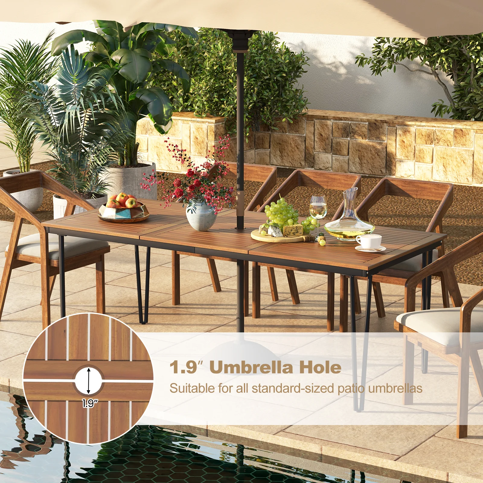 79 Inch 8-Person Outdoor Dining Table, 1.9 Inch Umbrella Hole, Natural - Image 9
