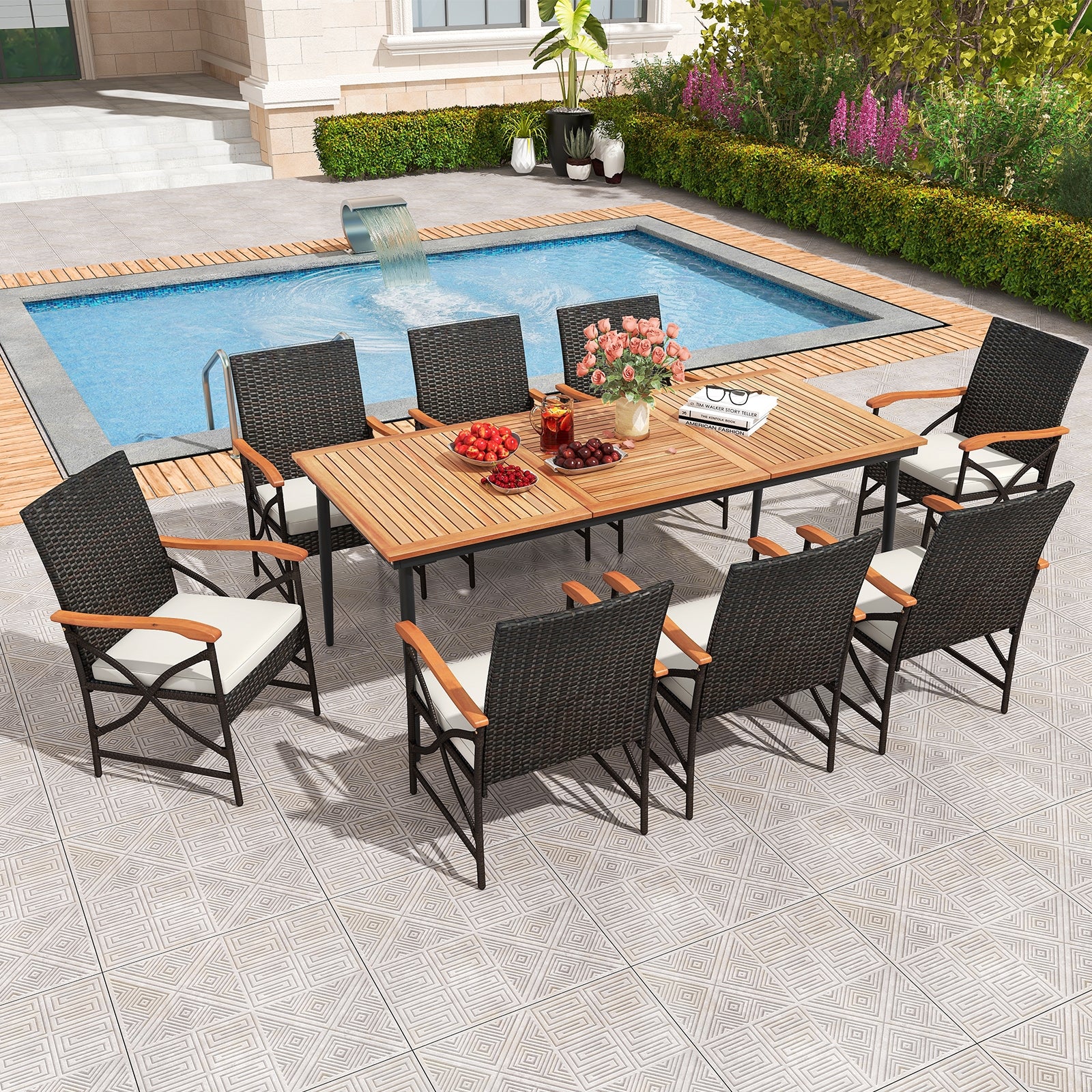 79 Inch Acacia Wood Dining Table, 8 Rattan Chairs, Natural - Image 2