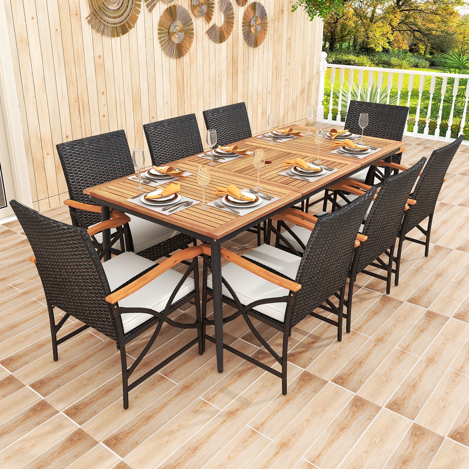 79 Inch Acacia Wood Dining Table, 8 Rattan Chairs, Natural - Image 3