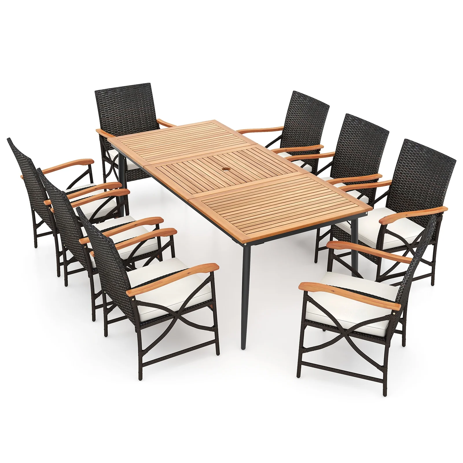 79 Inch Acacia Wood Dining Table, 8 Rattan Chairs, Natural - Image 4