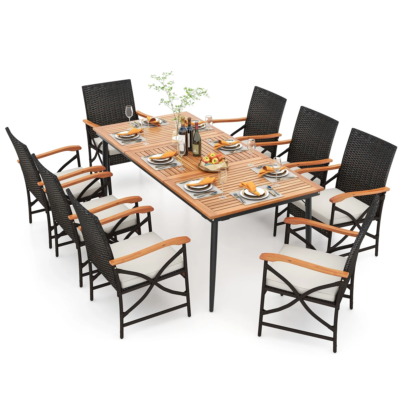 79 Inch Acacia Wood Dining Table, 8 Rattan Chairs, Natural - Image 5
