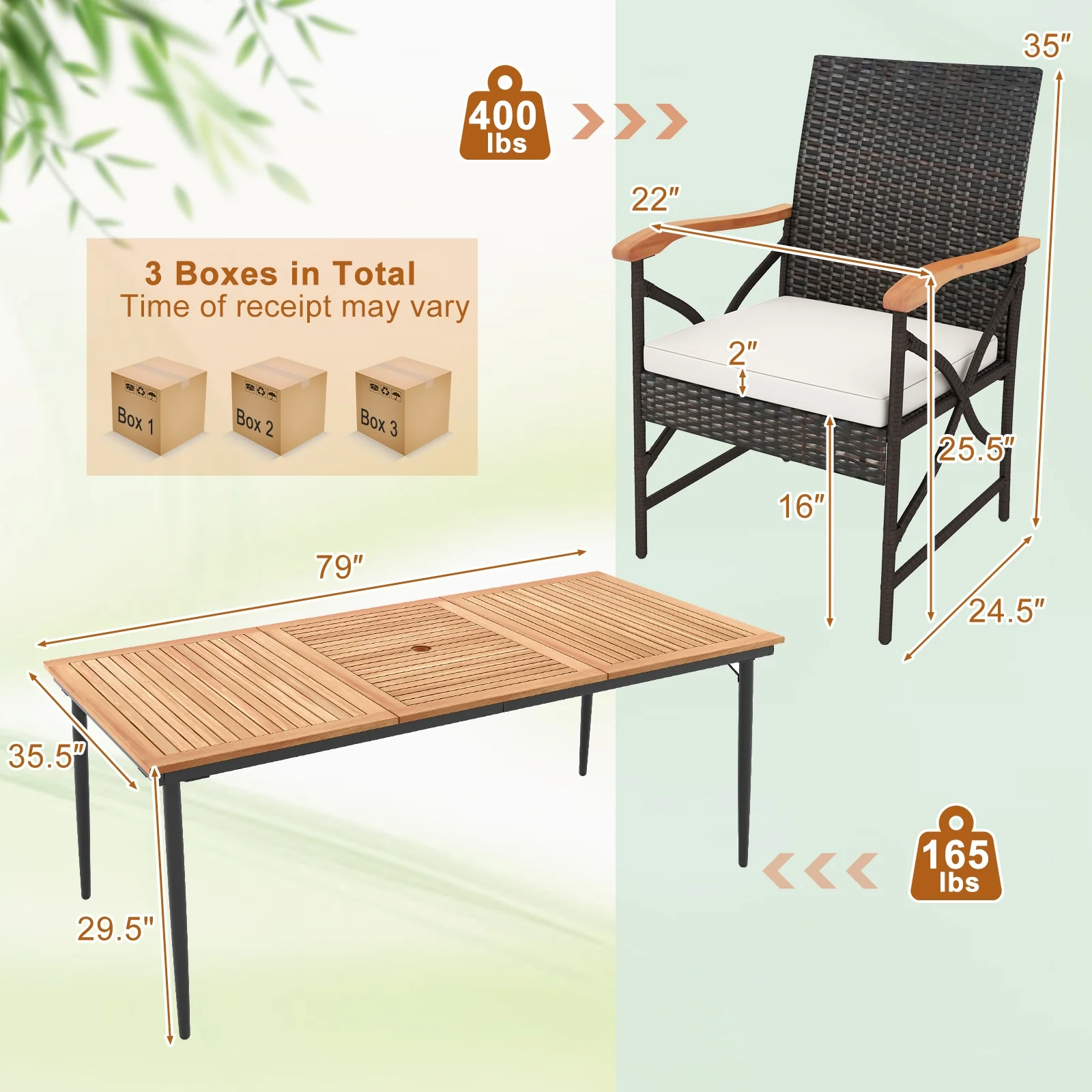 79 Inch Acacia Wood Dining Table, 8 Rattan Chairs, Natural - Image 6