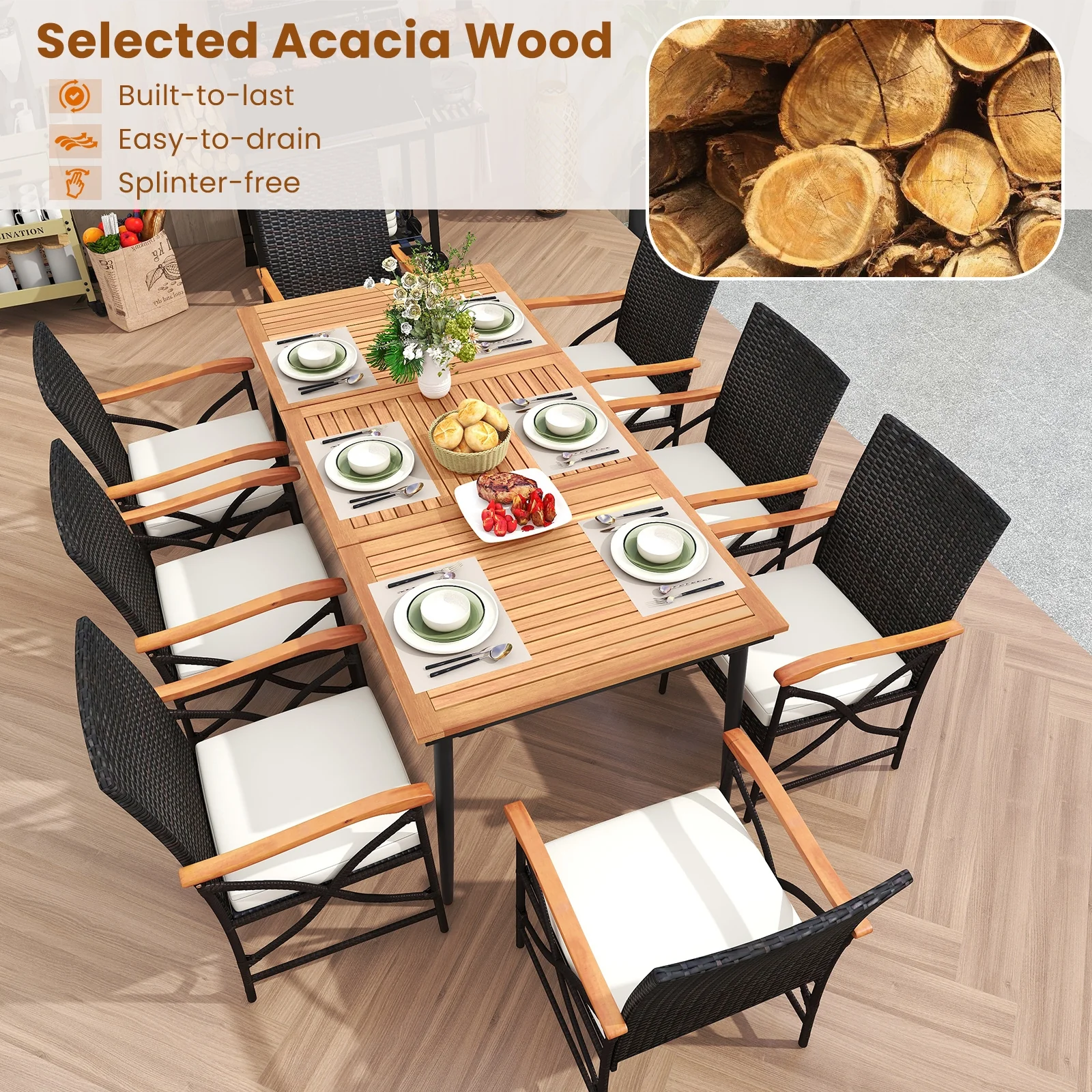 79 Inch Acacia Wood Dining Table, 8 Rattan Chairs, Natural - Image 7