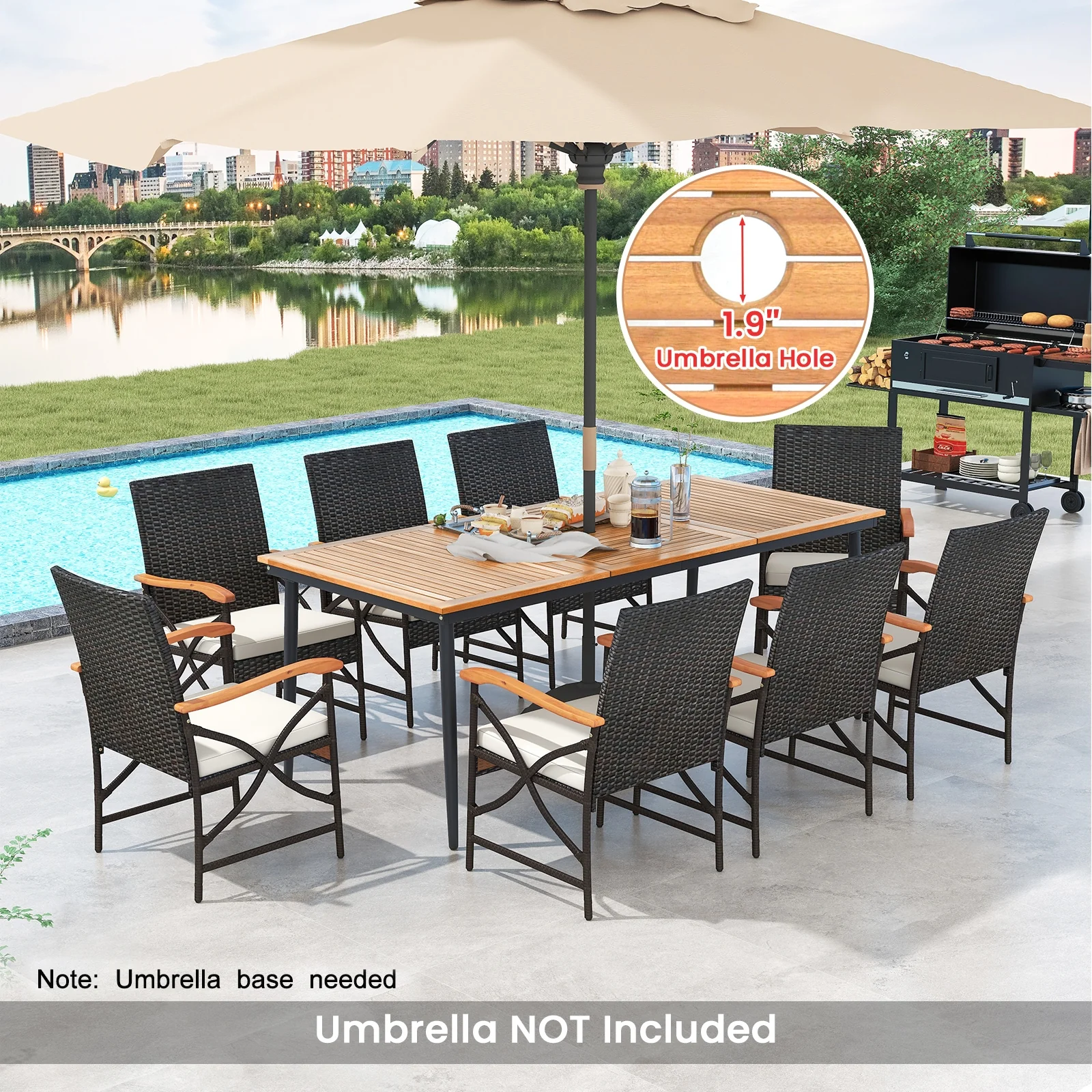 79 Inch Acacia Wood Dining Table, 8 Rattan Chairs, Natural - Image 8