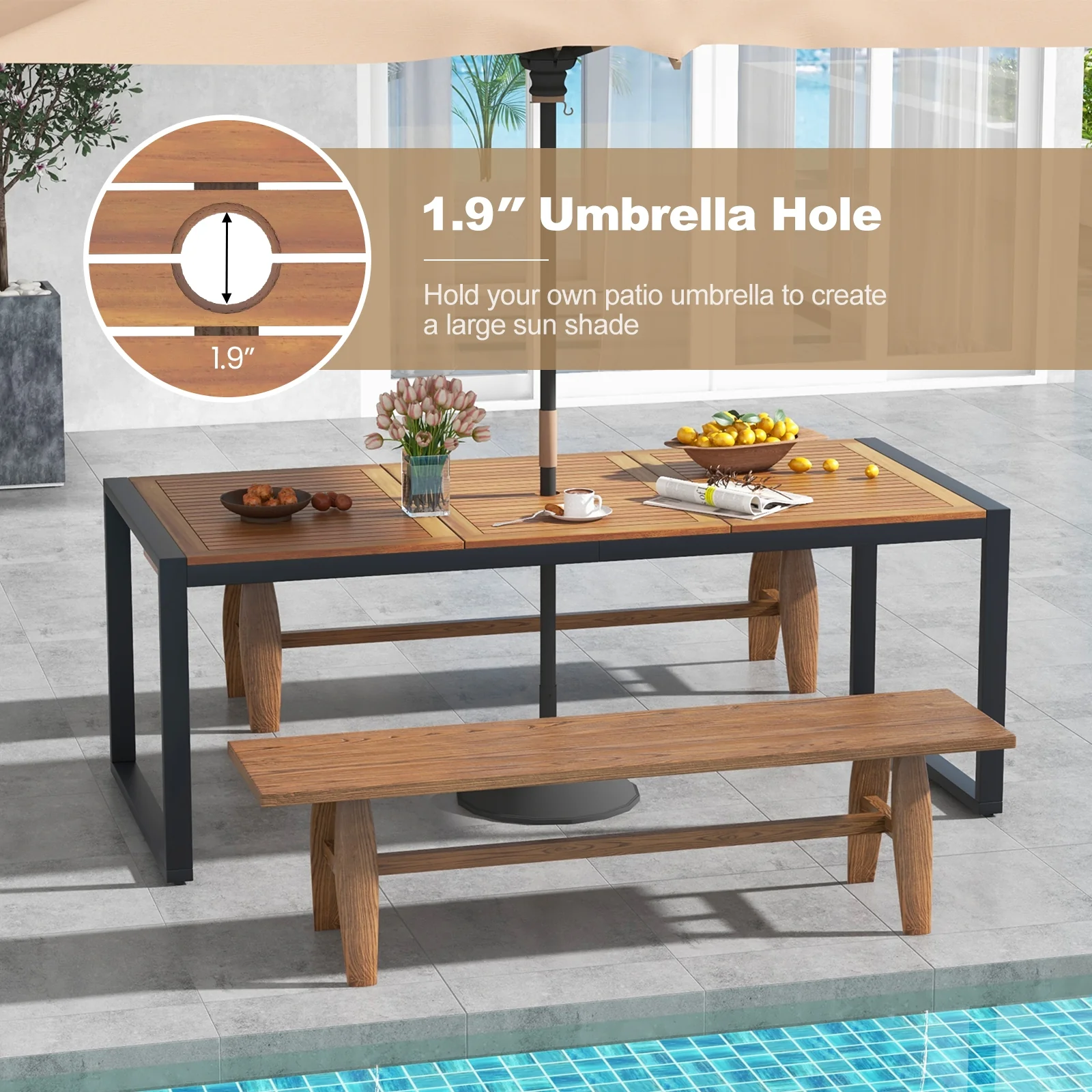 79 Inch Acacia Wood Patio Table, 1.9 Inch Umbrella Hole, Garden Poolside - Image 10