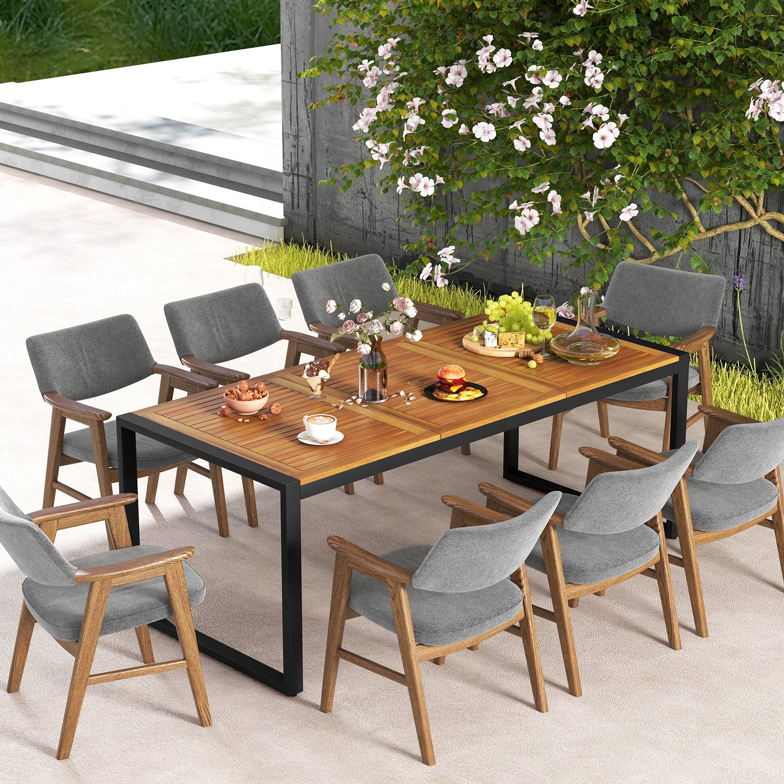 79 Inch Acacia Wood Patio Table, 1.9 Inch Umbrella Hole, Garden Poolside - Image 2