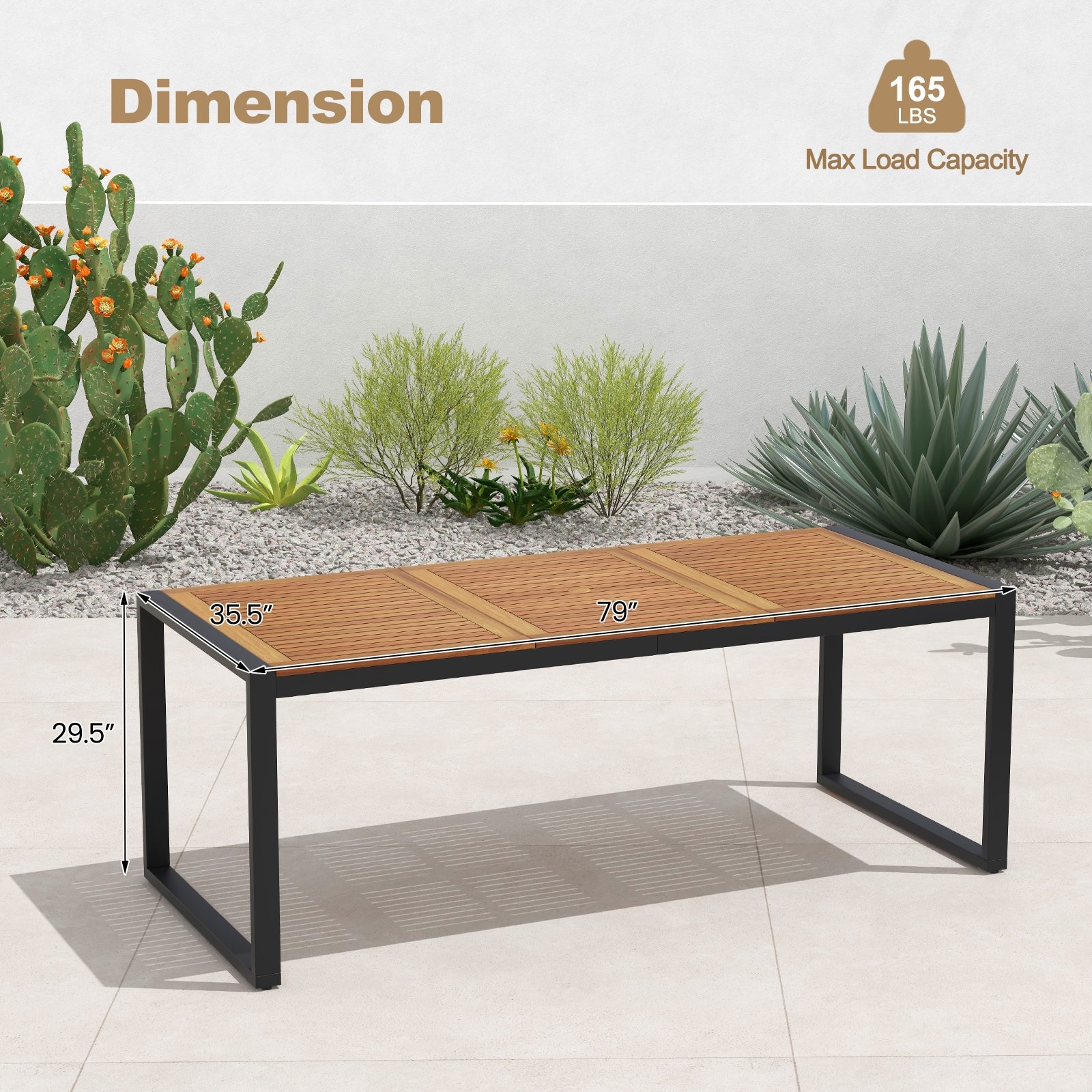 79 Inch Acacia Wood Patio Table, 1.9 Inch Umbrella Hole, Garden Poolside - Image 6