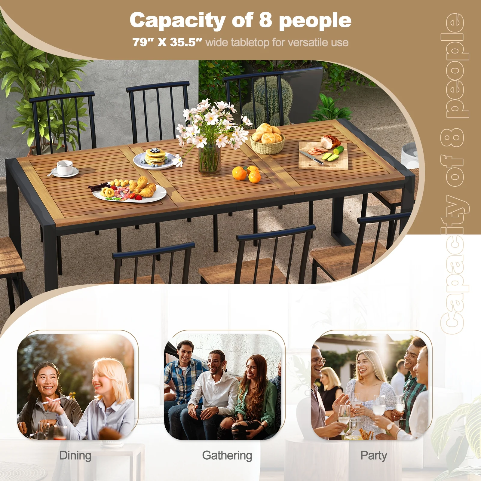 79 Inch Acacia Wood Patio Table, 1.9 Inch Umbrella Hole, Garden Poolside - Image 7