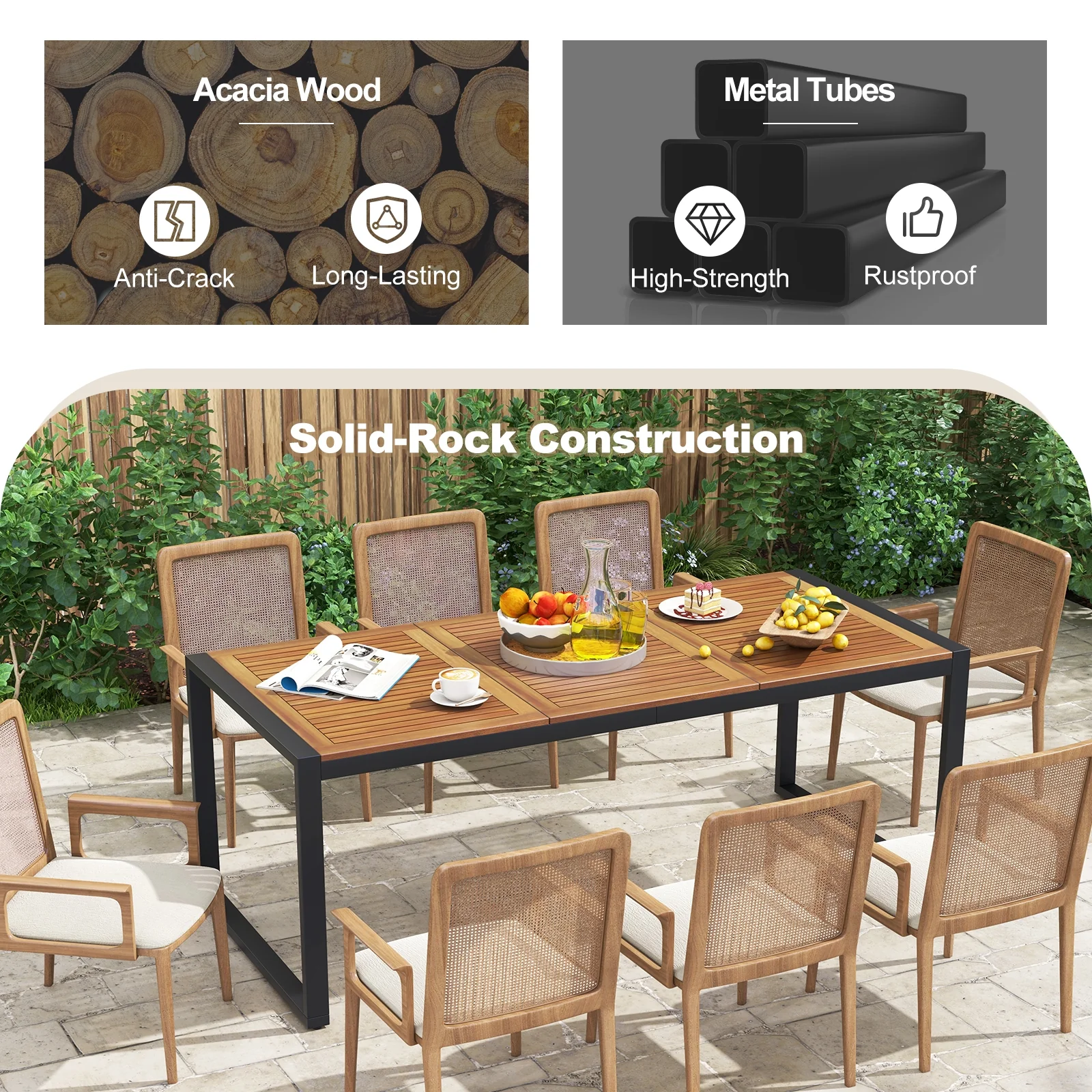 79 Inch Acacia Wood Patio Table, 1.9 Inch Umbrella Hole, Garden Poolside - Image 8