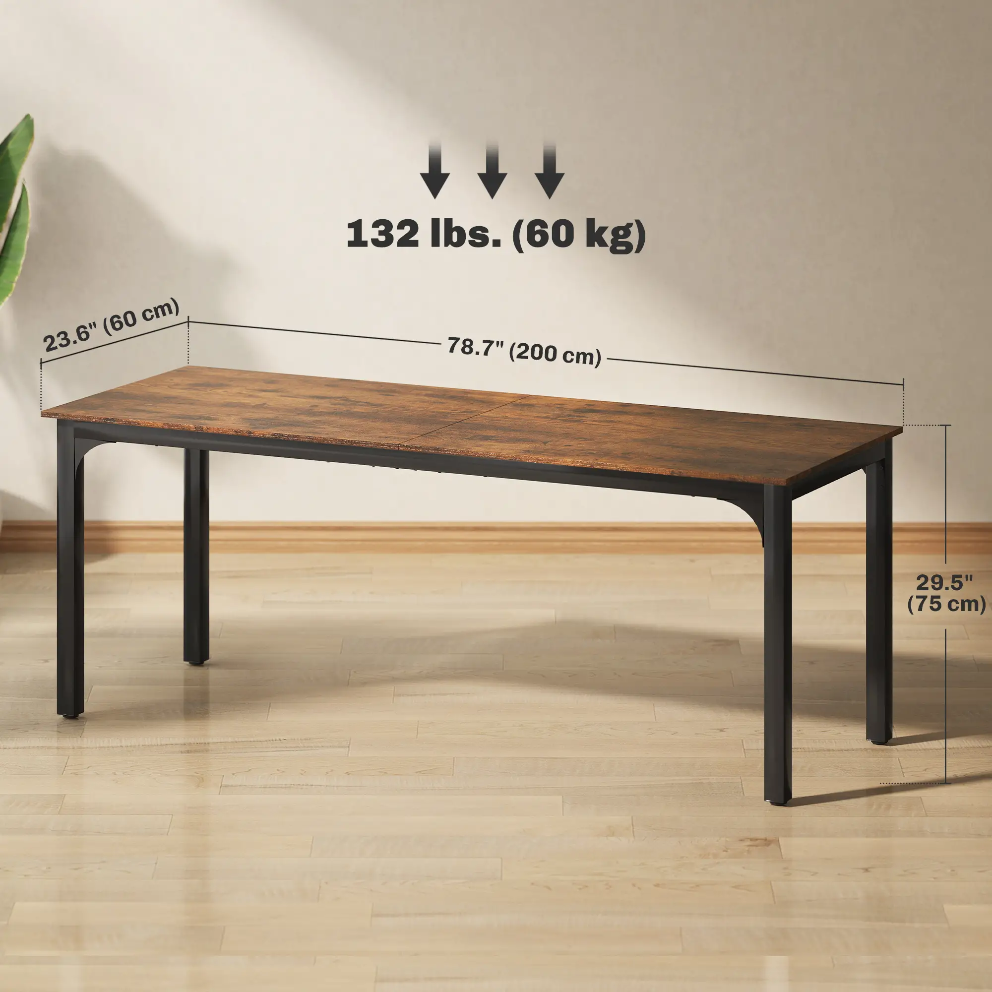 79 Inch Computer Desk, Metal Legs, Rustic Brown - Image 3