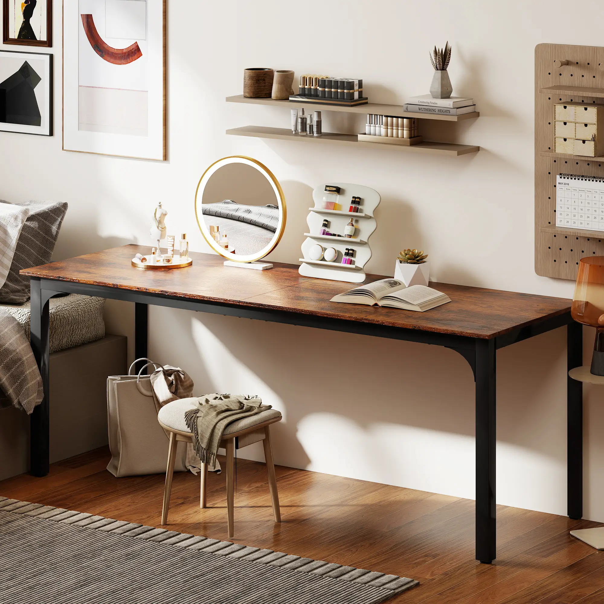 79 Inch Computer Desk, Metal Legs, Rustic Brown - Image 7