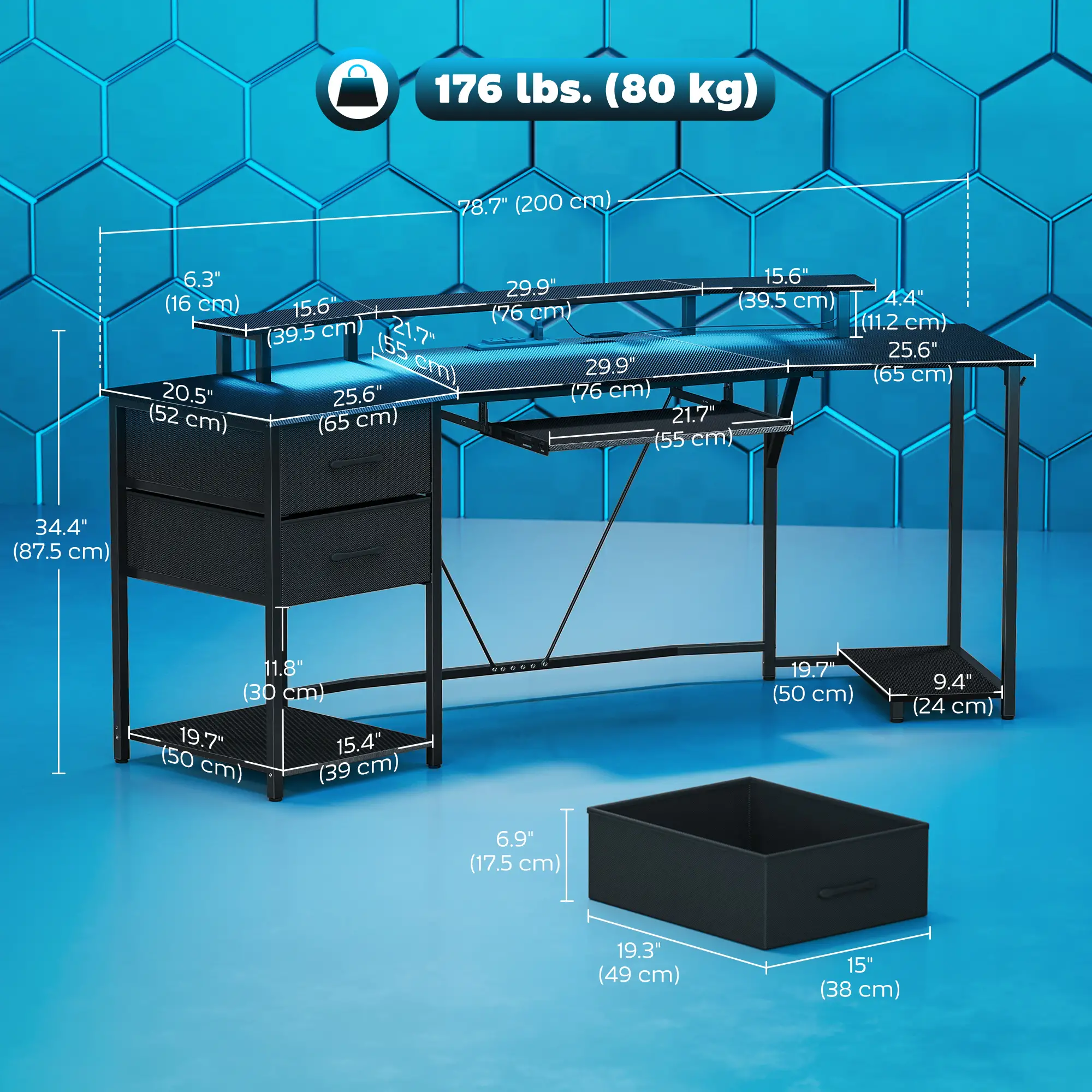 79 Inch Gaming Desk With RGB Lights, Power Outlets, USB Ports, Keyboard Tray, 2 Drawers, Black - Image 3