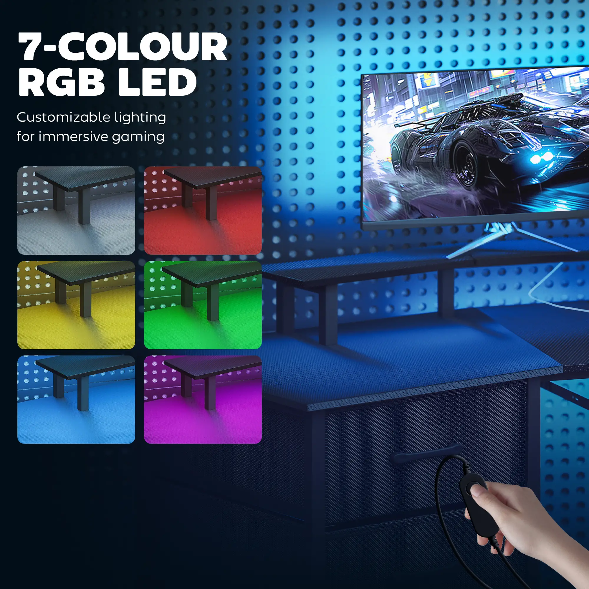 79 Inch Gaming Desk With RGB Lights, Power Outlets, USB Ports, Keyboard Tray, 2 Drawers, Black - Image 4