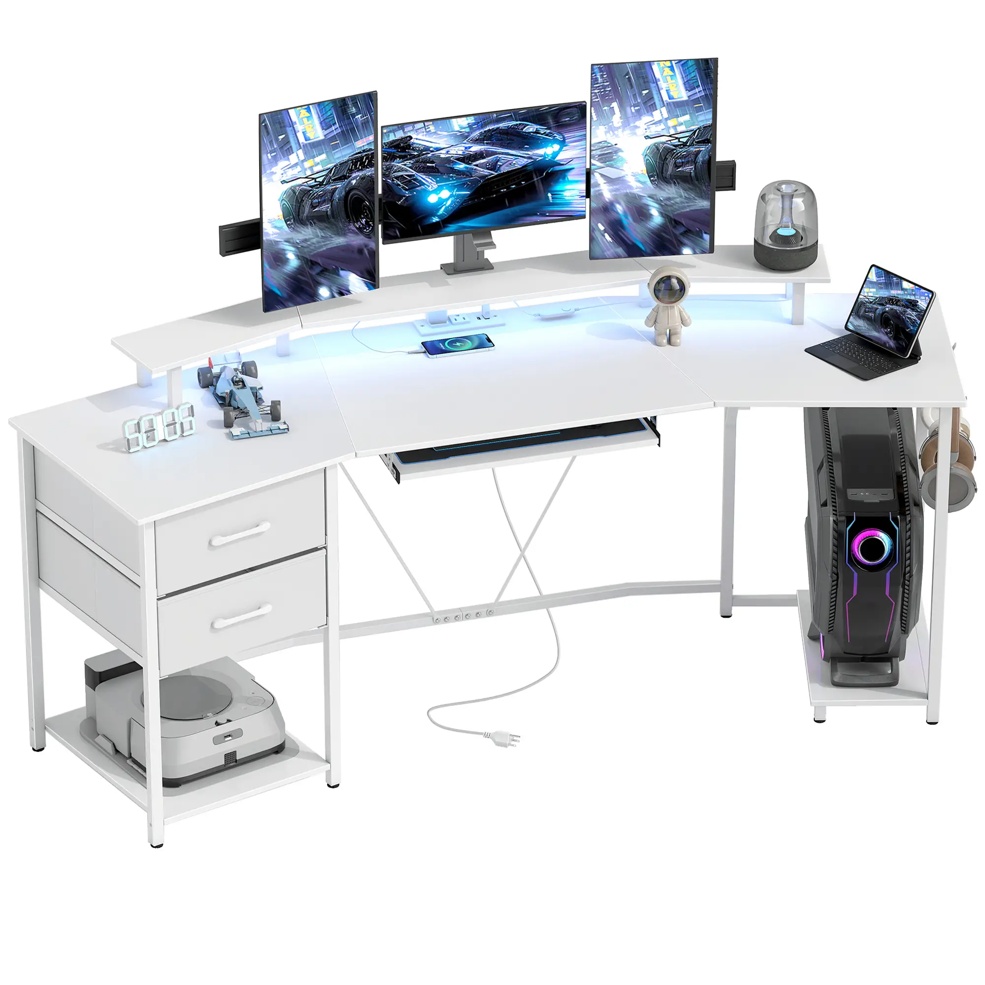 79 Inch Gaming Desk With RGB Lights, Power Outlets, USB Ports, White - Image 11