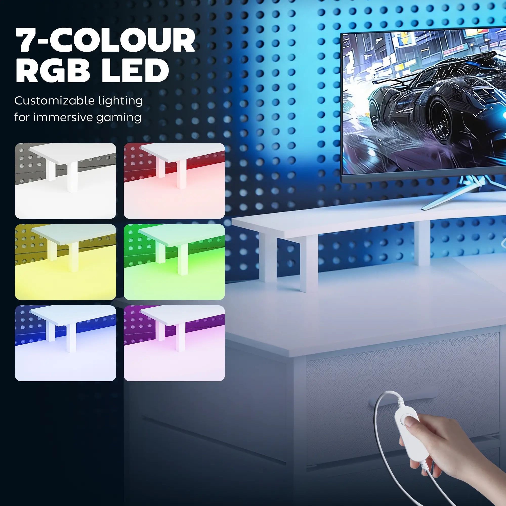 79 Inch Gaming Desk With RGB Lights, Power Outlets, USB Ports, White - Image 4