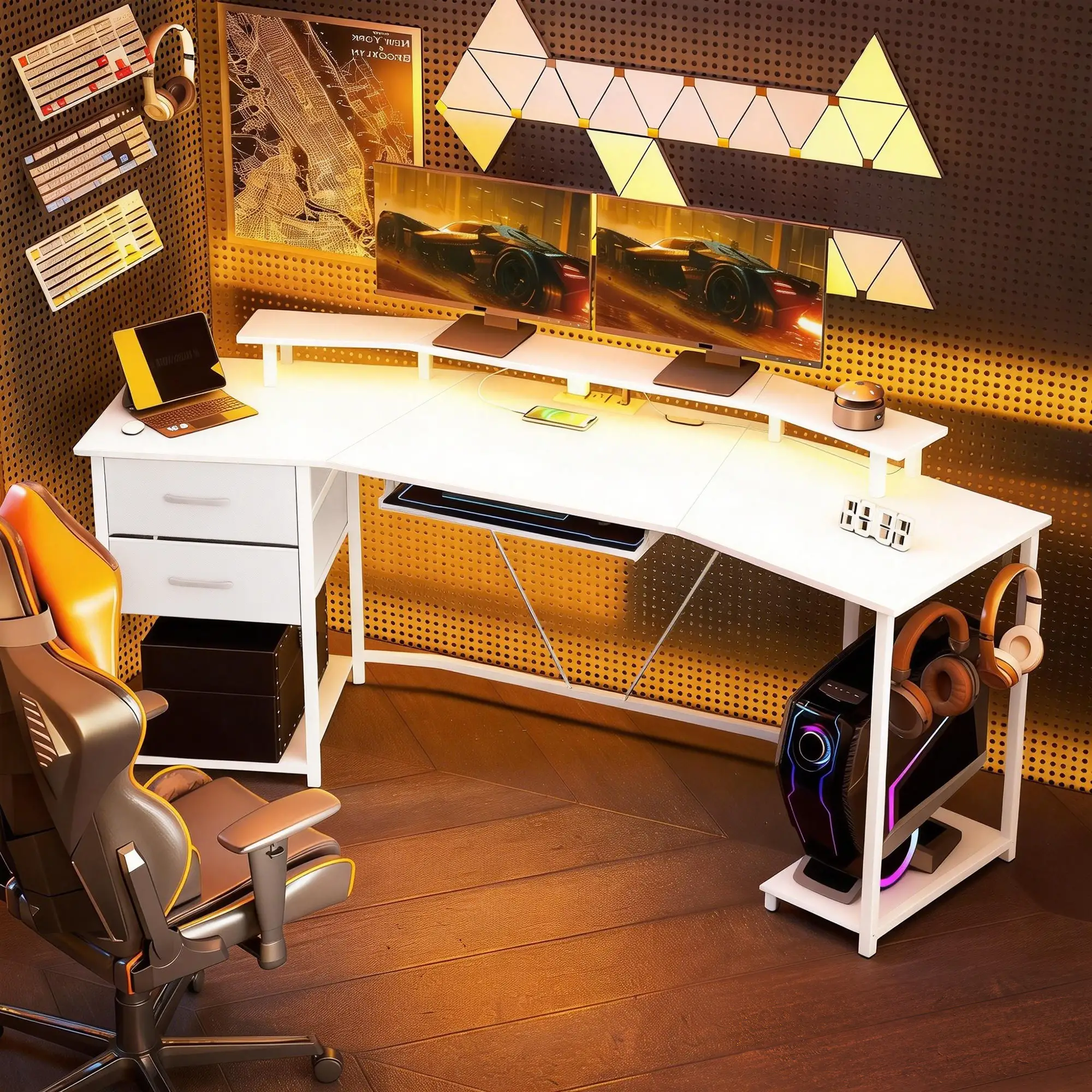 79 Inch Gaming Desk With RGB Lights, Power Outlets, USB Ports, White - Image 8