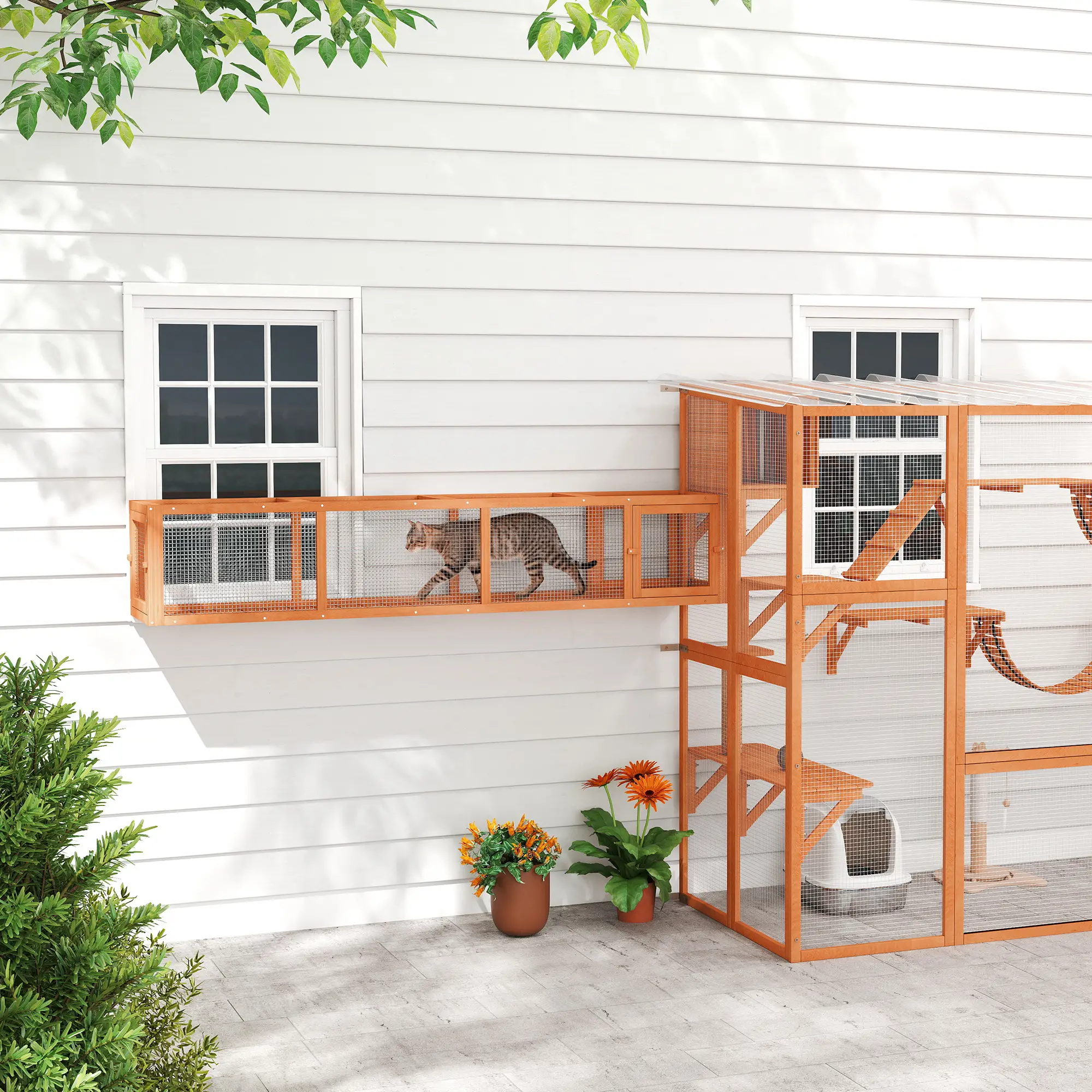 79" L-Shape Cat Tunnel, Extendable Enclosure, Indoor Outdoor, Orange - Image 2