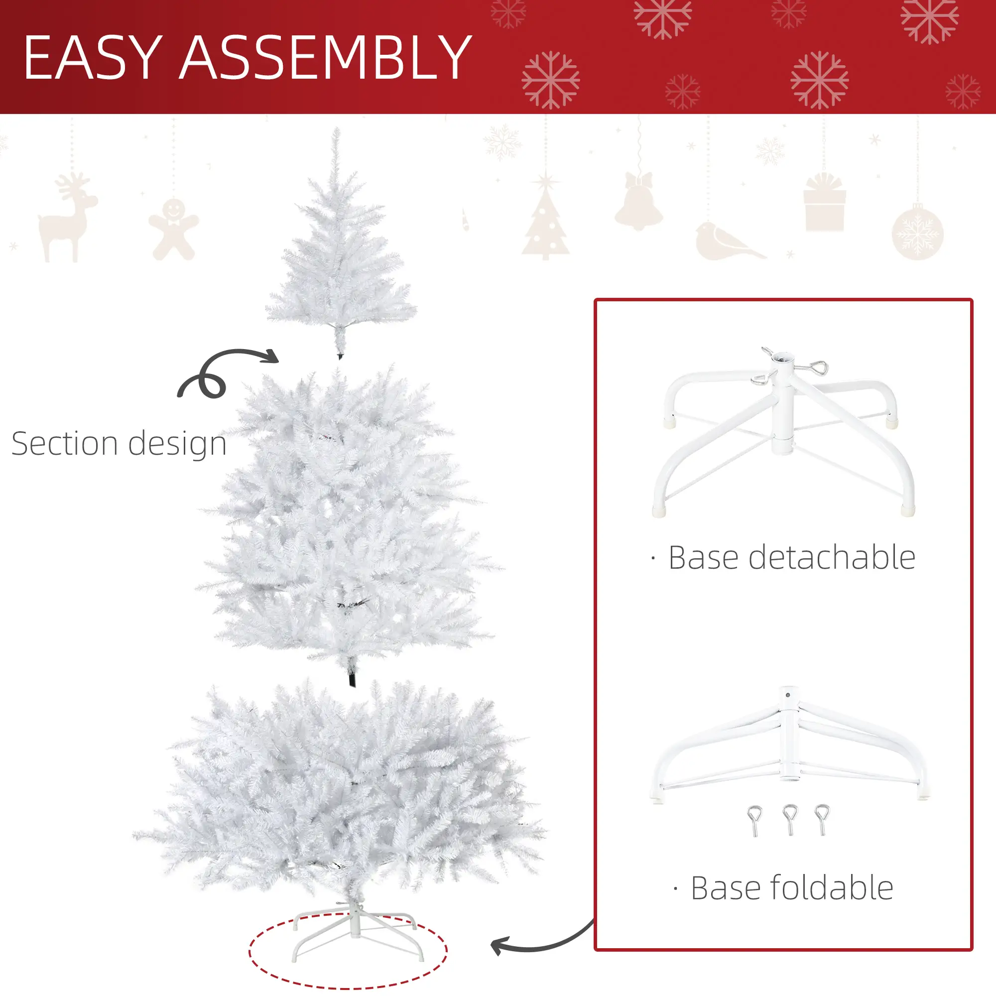 7FT Artificial Christmas Tree, Foldable Feet, Indoor, White - Image 6
