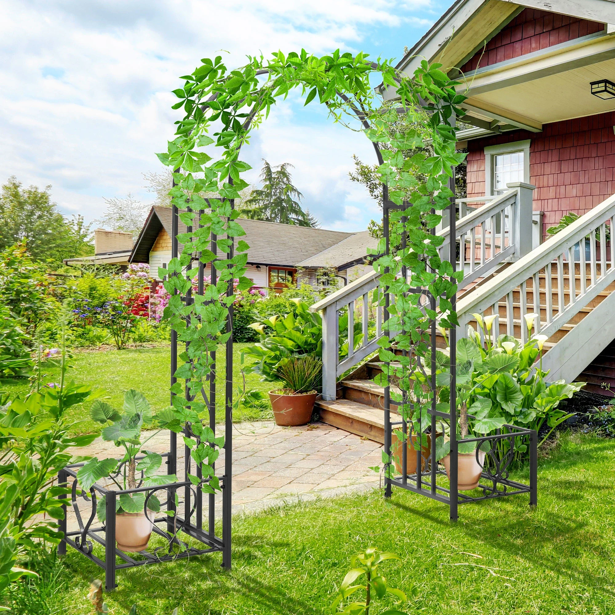 7FT Metal Garden Arch with 2 Planter Boxes, Outdoor Walkway Arbor, Dark Grey - Image 2