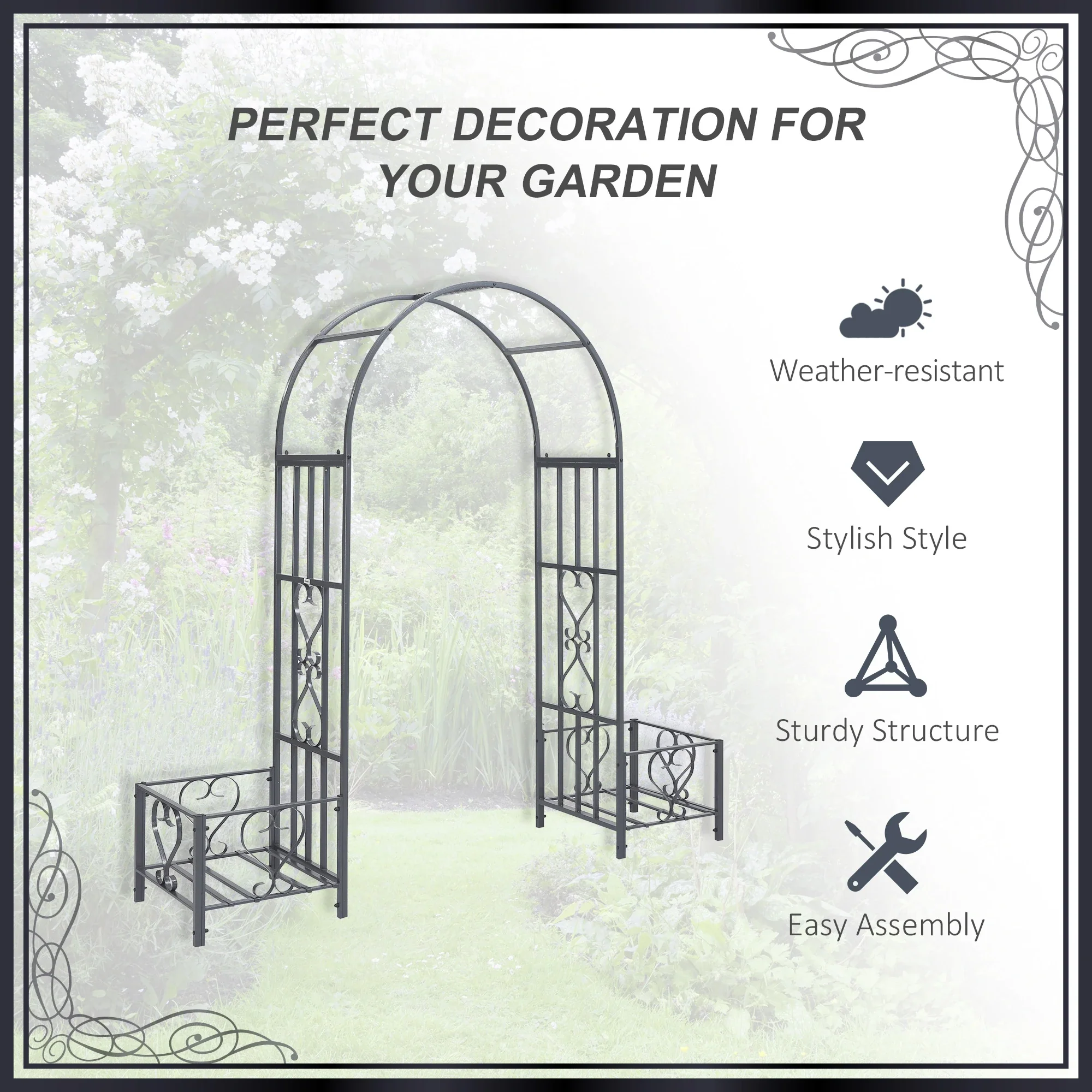 7FT Metal Garden Arch with 2 Planter Boxes, Outdoor Walkway Arbor, Dark Grey - Image 5