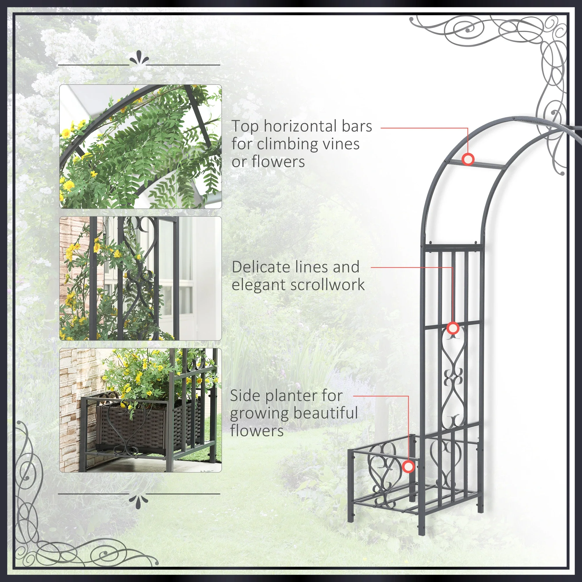 7FT Metal Garden Arch with 2 Planter Boxes, Outdoor Walkway Arbor, Dark Grey - Image 6