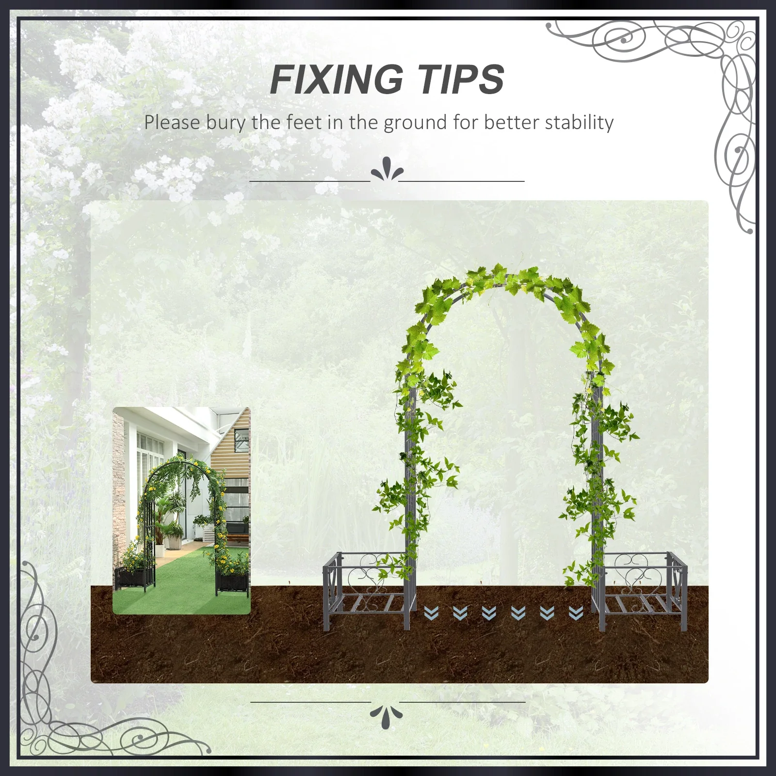 7FT Metal Garden Arch with 2 Planter Boxes, Outdoor Walkway Arbor, Dark Grey - Image 7