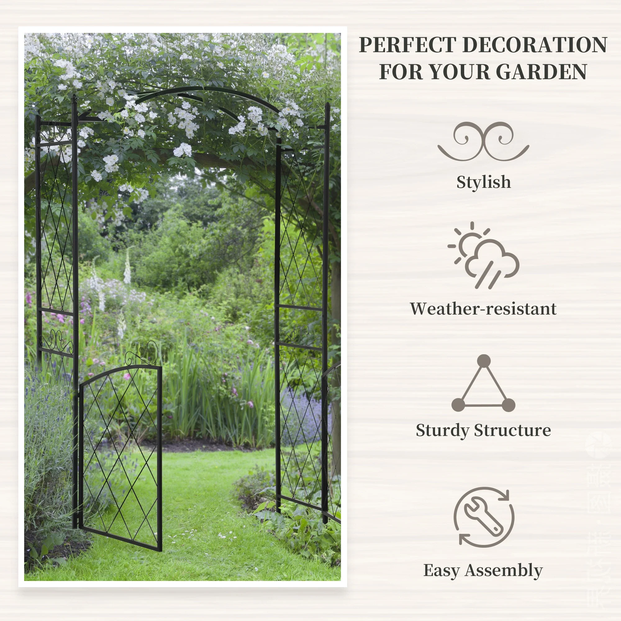 7FT Metal Garden Arch with Gate, Climbing Planter Frame, Black - Image 5