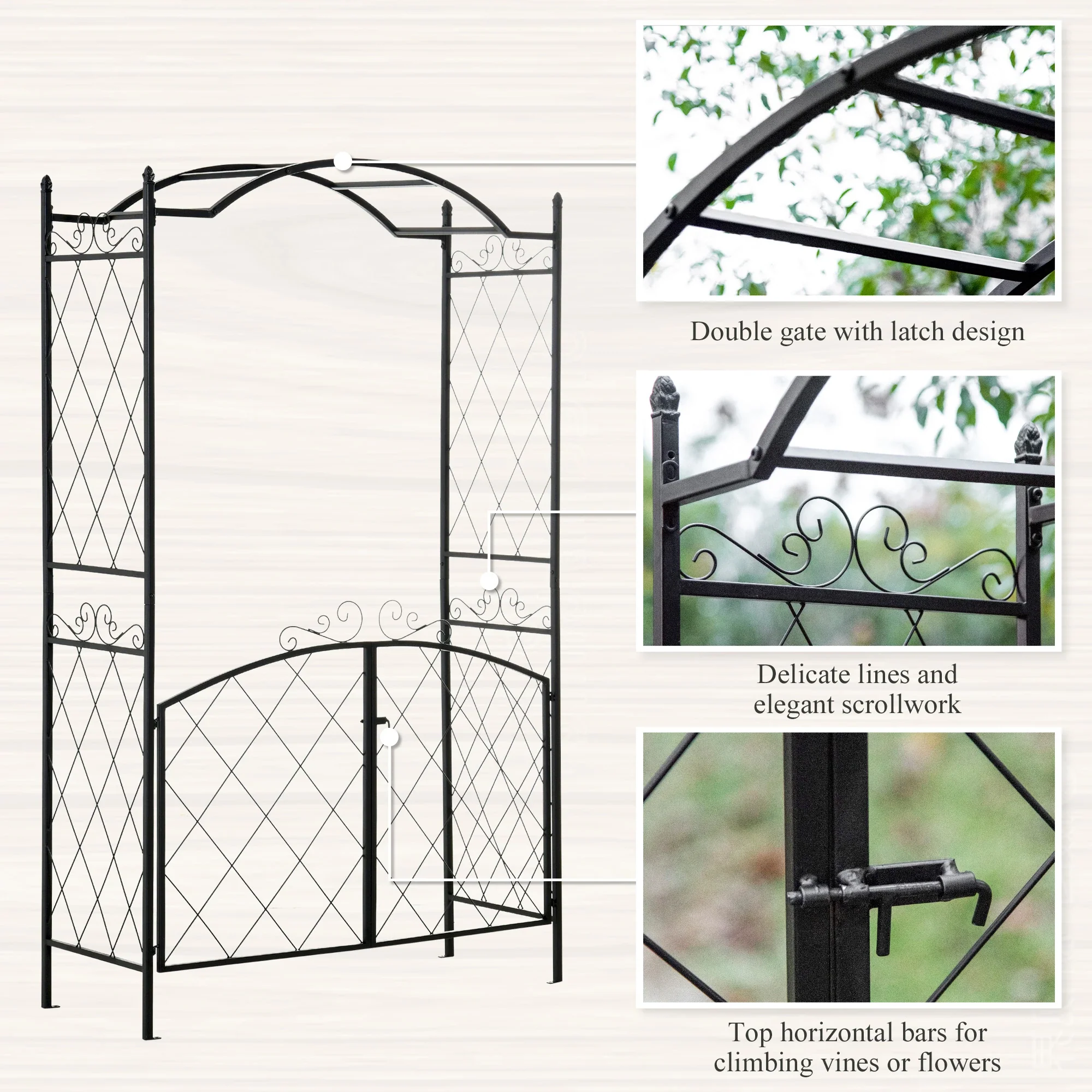 7FT Metal Garden Arch with Gate, Climbing Planter Frame, Black - Image 6