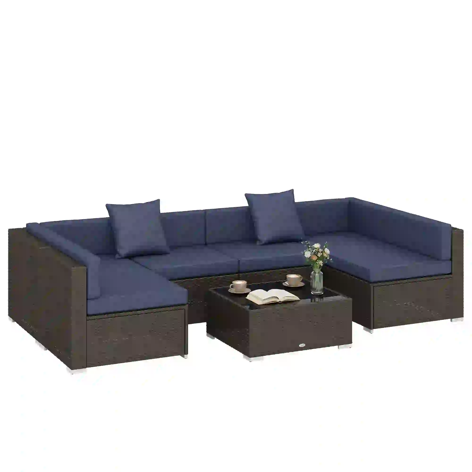 7pc Garden Wicker Sectional Set, Patio Rattan Lounge Sofa, Navy Blue - Image 11
