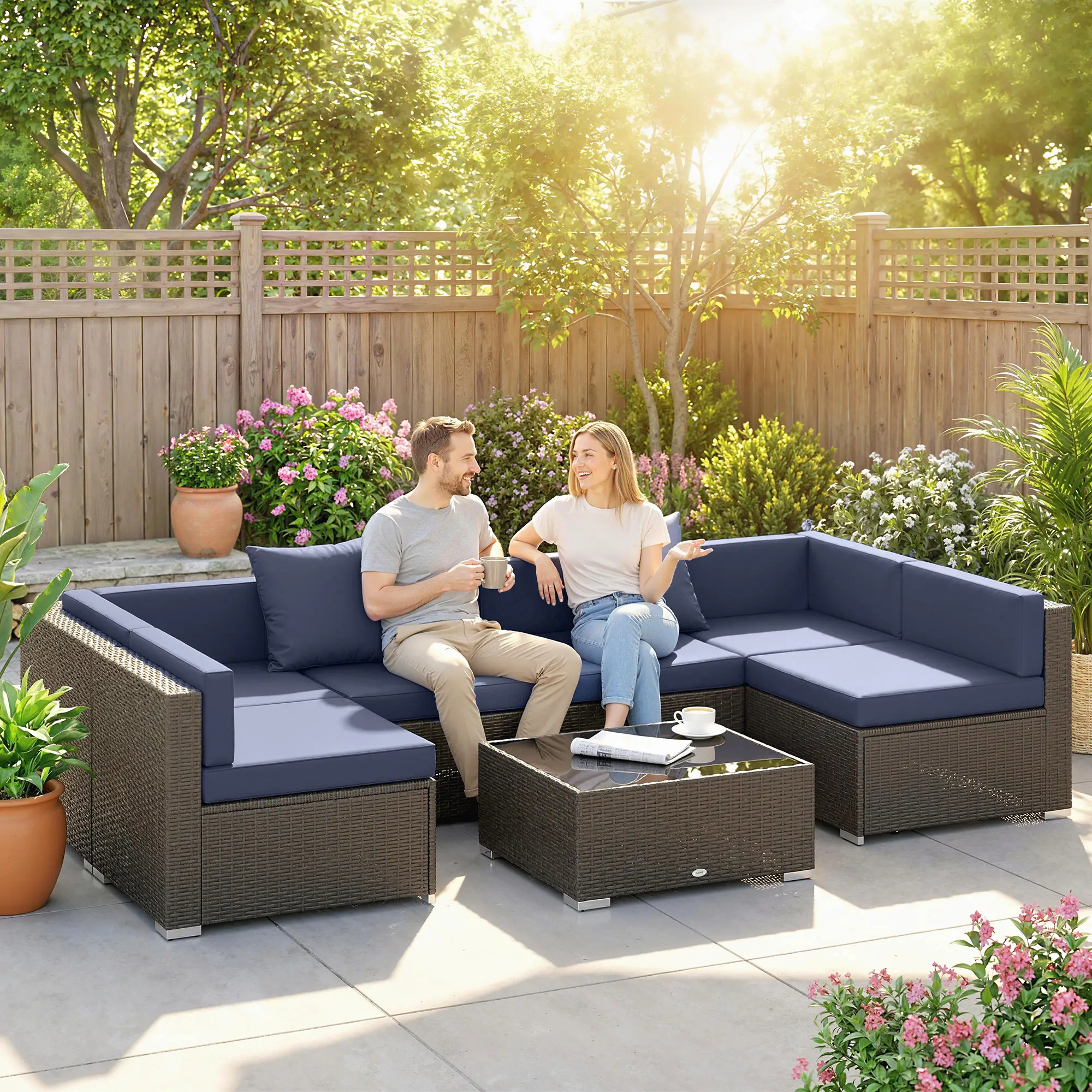 7pc Garden Wicker Sectional Set, Patio Rattan Lounge Sofa, Navy Blue - Image 2