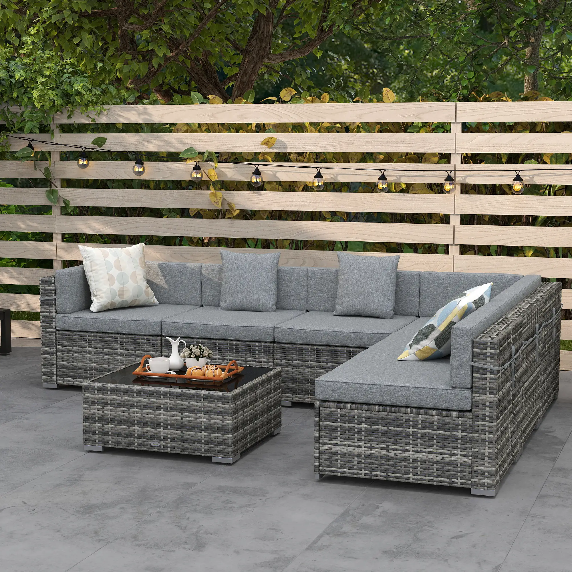 7pc Garden Wicker Sectional Set w/ Tea Table Patio Rattan Lounge Sofa Outdoor Deck Furniture Light Grey - Image 2