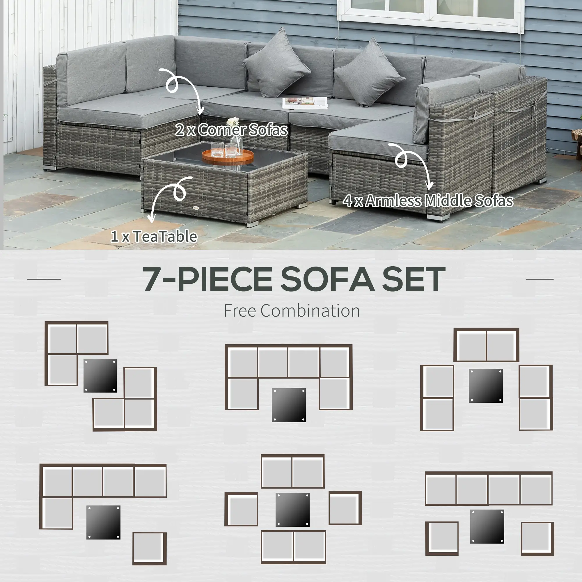 7pc Garden Wicker Sectional Set w/ Tea Table Patio Rattan Lounge Sofa Outdoor Deck Furniture Light Grey - Image 6