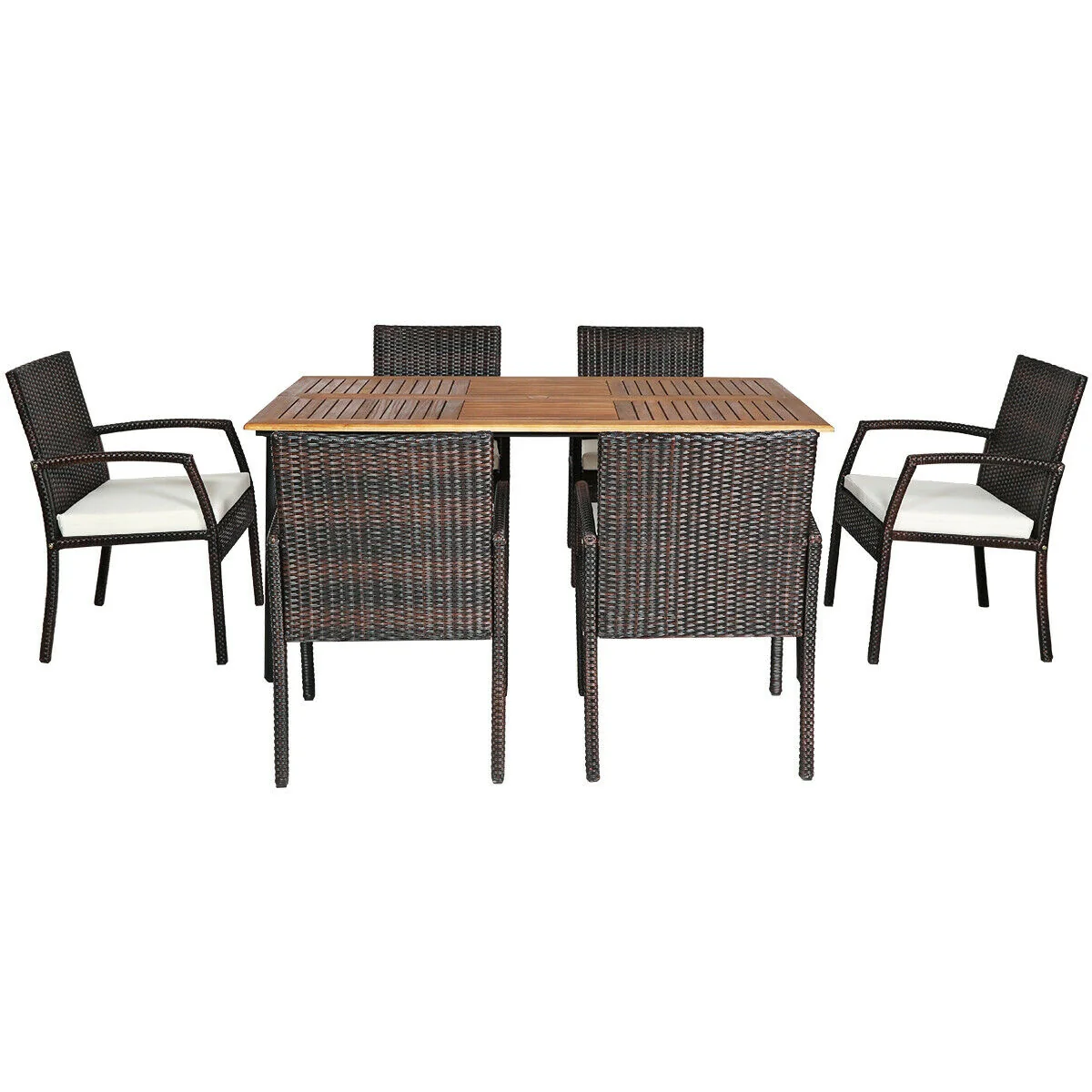 7Pcs Patio Rattan Dining Set, Cushioned, White, Warm White
