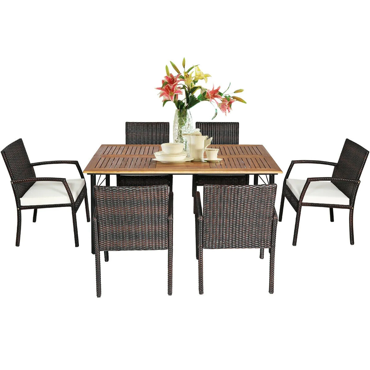 7Pcs Patio Rattan Dining Set, Cushioned, White, Warm White - Image 10