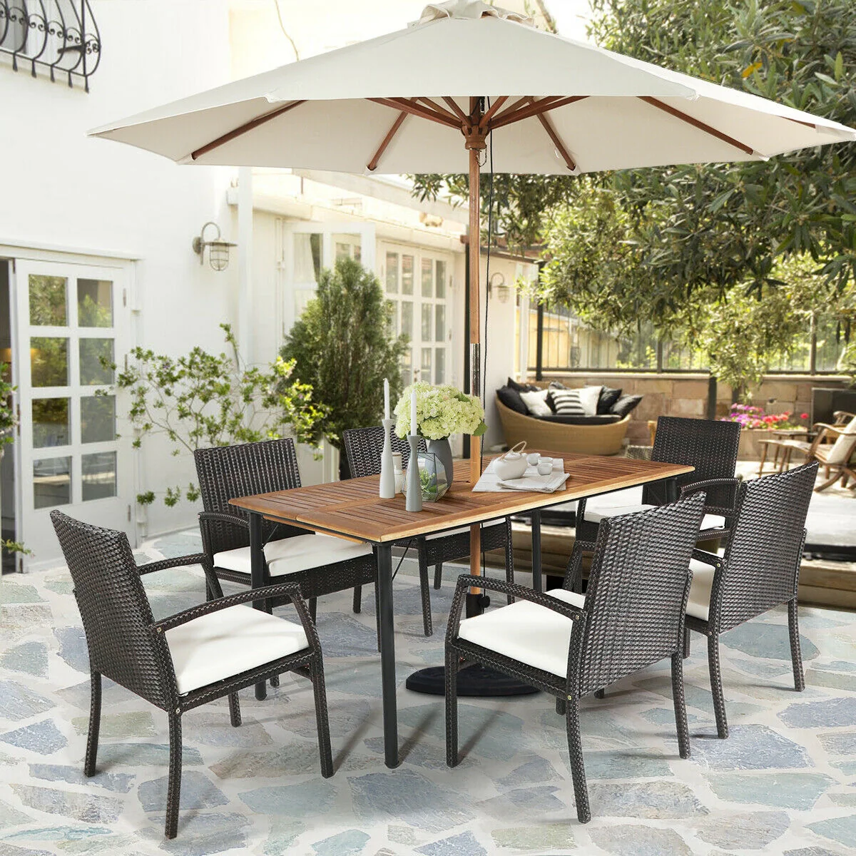 7Pcs Patio Rattan Dining Set, Cushioned, White, Warm White - Image 2