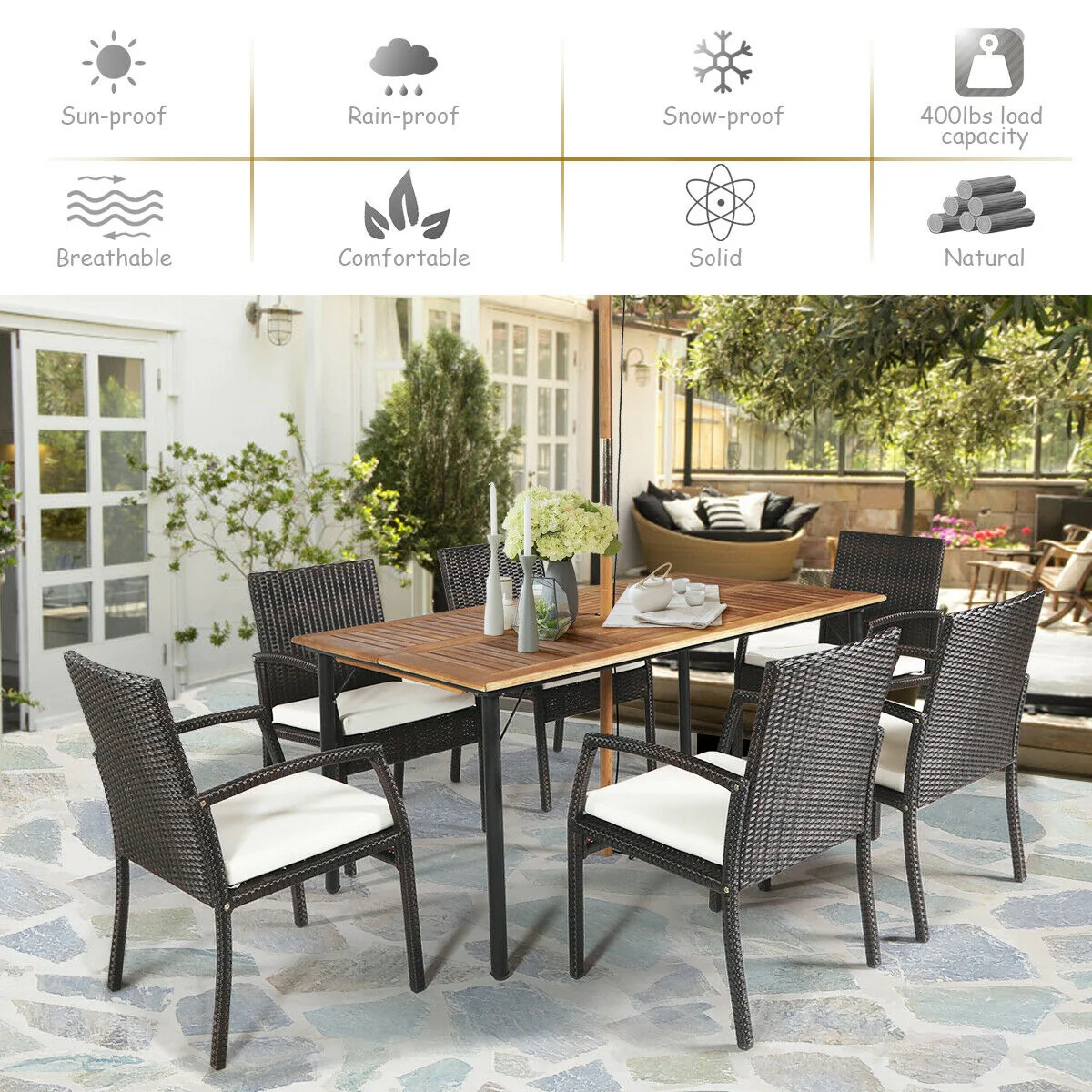 7Pcs Patio Rattan Dining Set, Cushioned, White, Warm White - Image 3
