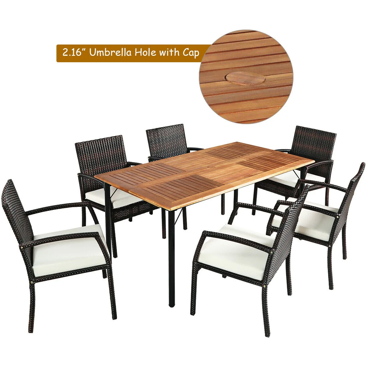 7Pcs Patio Rattan Dining Set, Cushioned, White, Warm White - Image 6