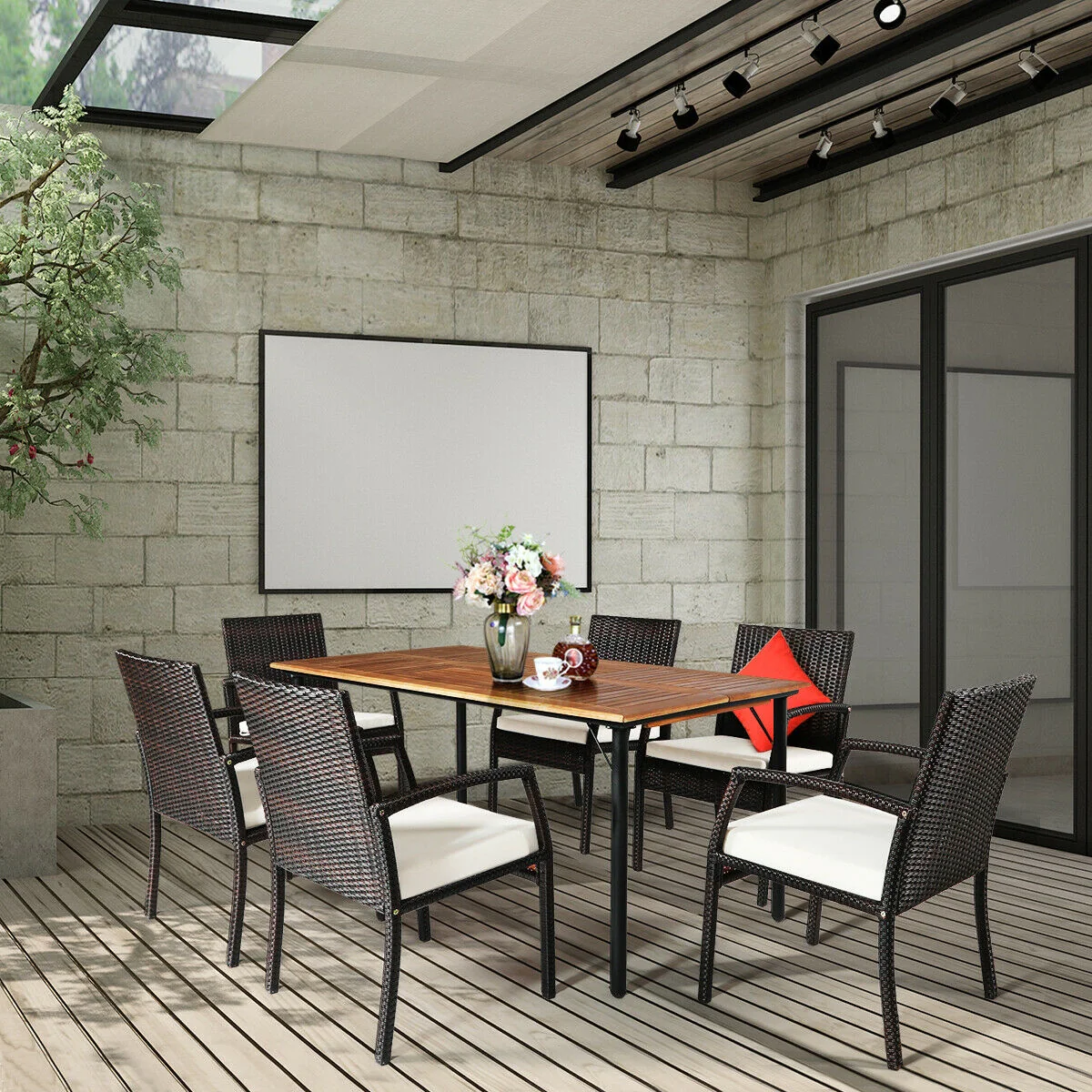 7Pcs Patio Rattan Dining Set, Cushioned, White, Warm White - Image 7