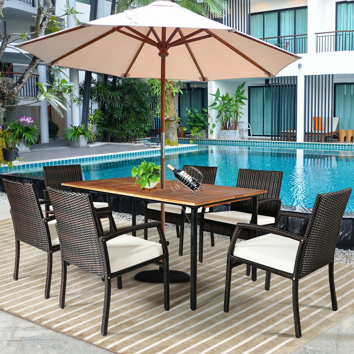 7Pcs Patio Rattan Dining Set, Cushioned, White, Warm White - Image 8
