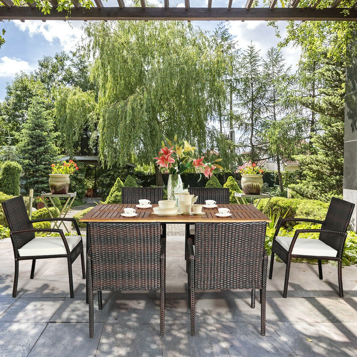 7Pcs Patio Rattan Dining Set, Cushioned, White, Warm White - Image 9
