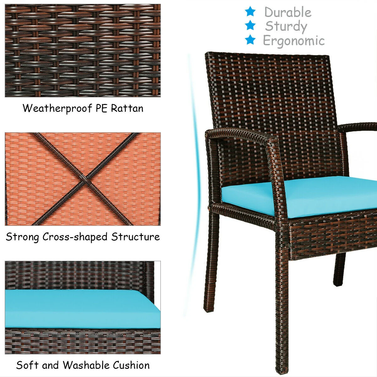 7Pcs Rattan Dining Set, With Umbrella Hole, Turquoise - Image 10